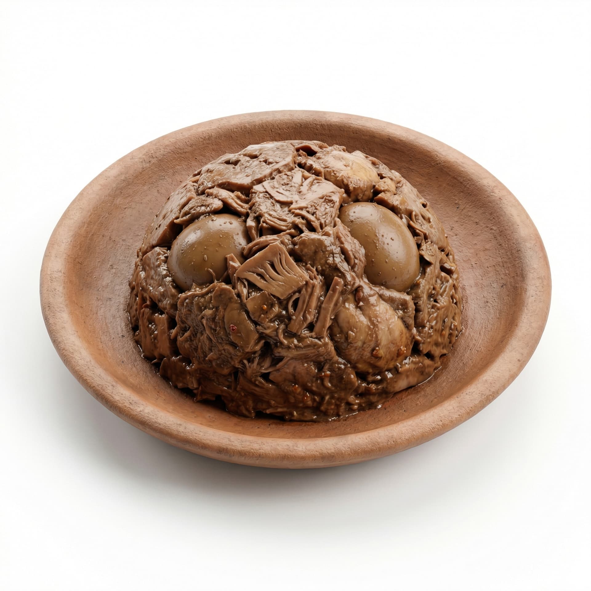 Soccer ball, made of Gudeg texture, traditional clay plate, realistic food style.