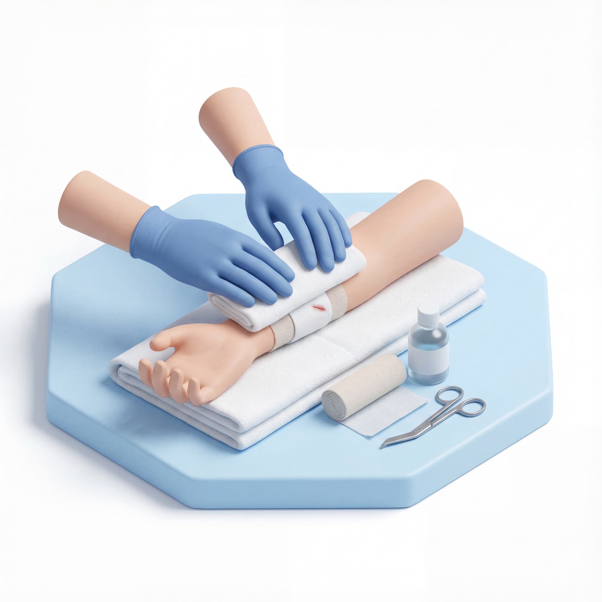 3D isometric vector illustration of first aid for bleeding, hands wearing medical gloves applying pressure with gauze on injured arm, focus on wound care technique, calm instructional mood, soft clinical lighting, clean white and blue medical color scheme, smooth isometric geometry, clear focal point, educational infographic style with copy space, high-quality vector rendering
