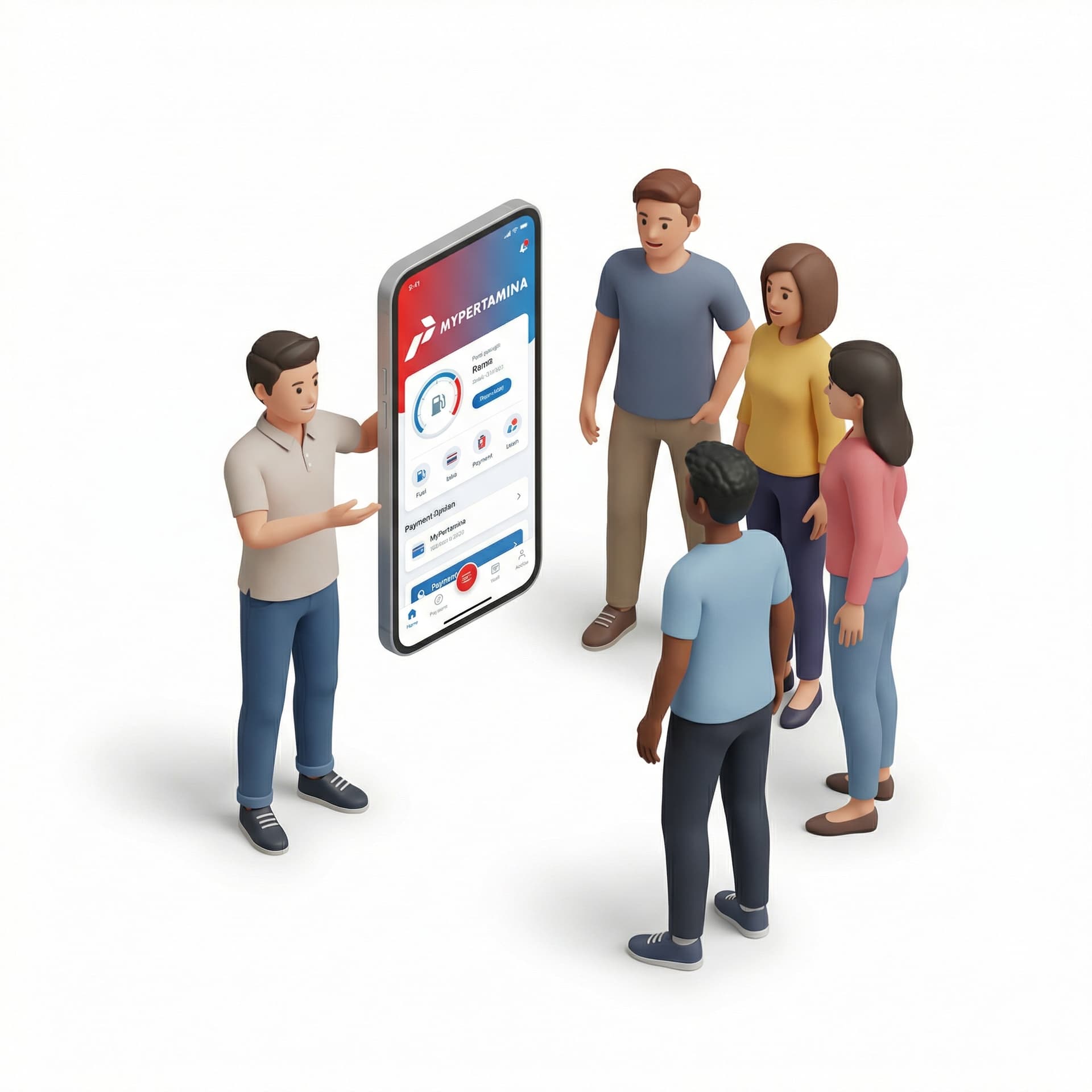 buatlah gambar laki-laki berumur 30 tahun menunjukkan hp berukuran besar yang menampilkan aplikasi mypertamina, belakangnya ada 4 orang 