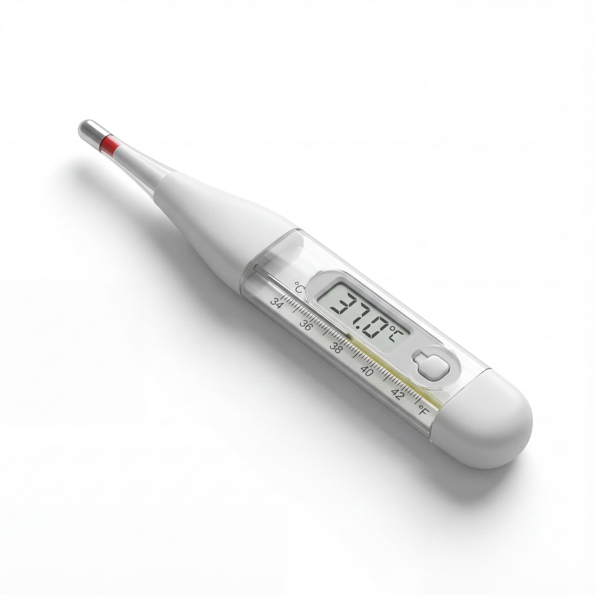 A 3D hospital thermometer shown diagonally, clinical design, accurate scale and detail, isolated object.
