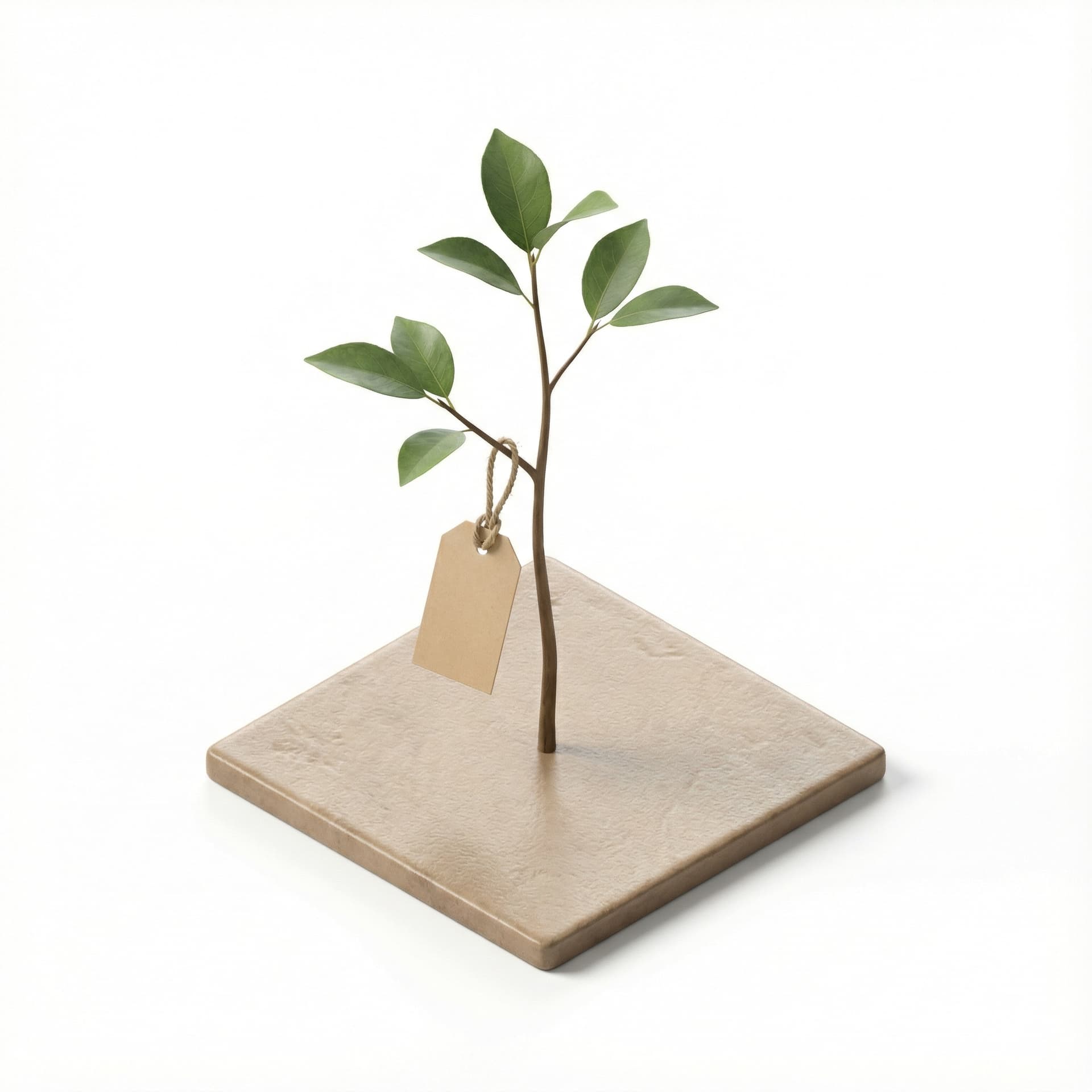 Single sapling on tile + basic paper tag hanging on branch.