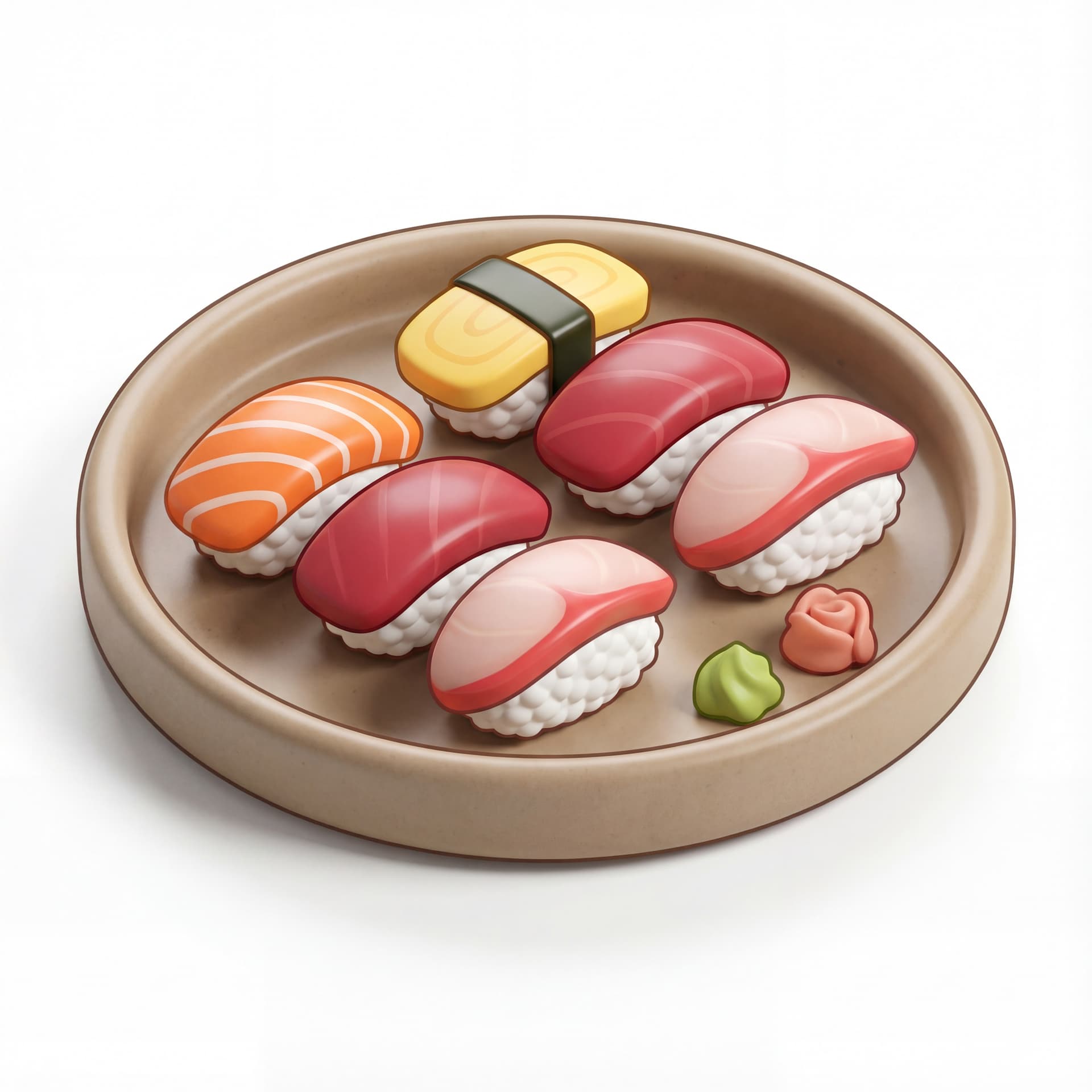 A cartoon sushi nigiri set arranged on a round ceramic plate, rounded rice forms, glossy fish tops, thick smooth outlines.