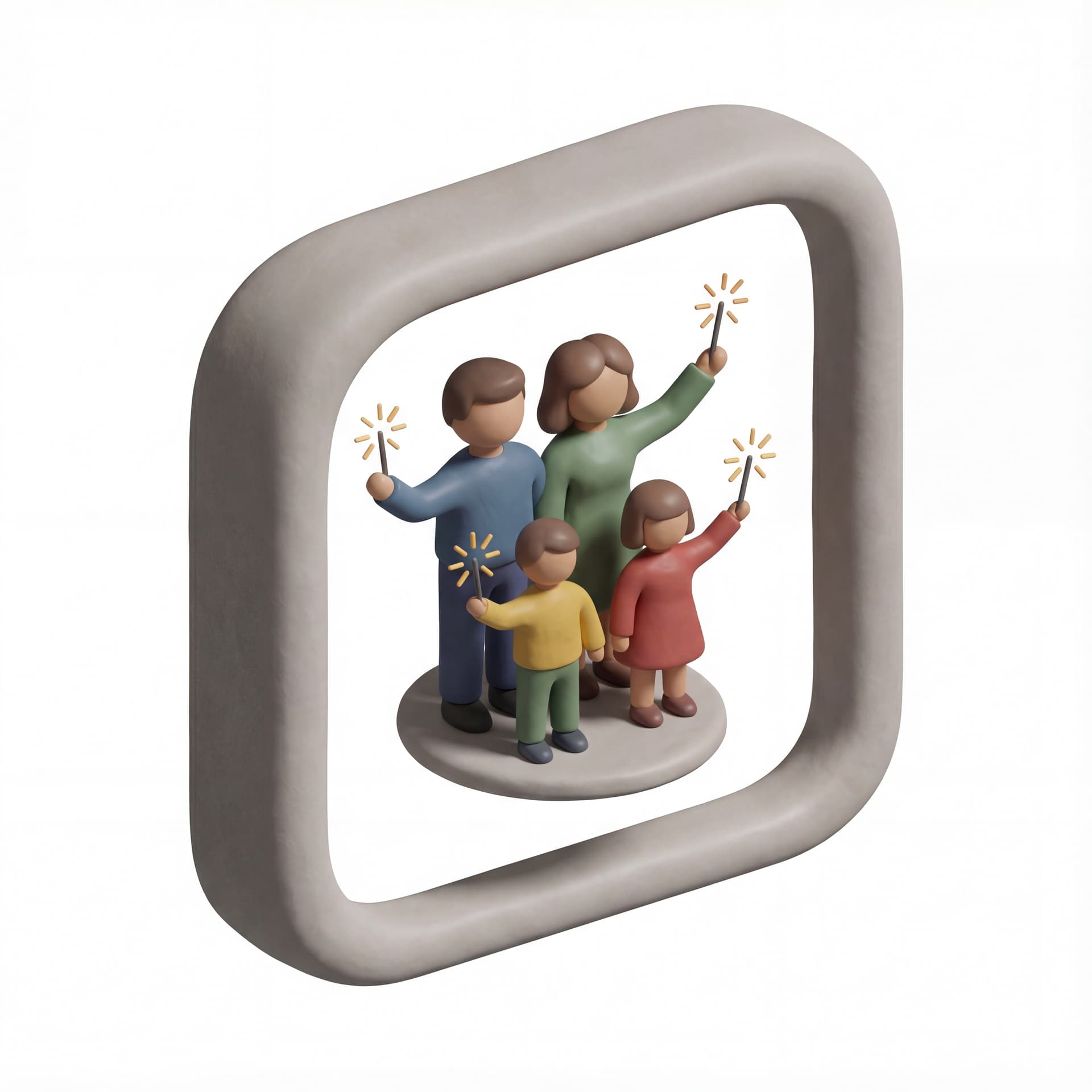 Family group waving fireworks (camera slightly above)  style 3D Icon clay minimal