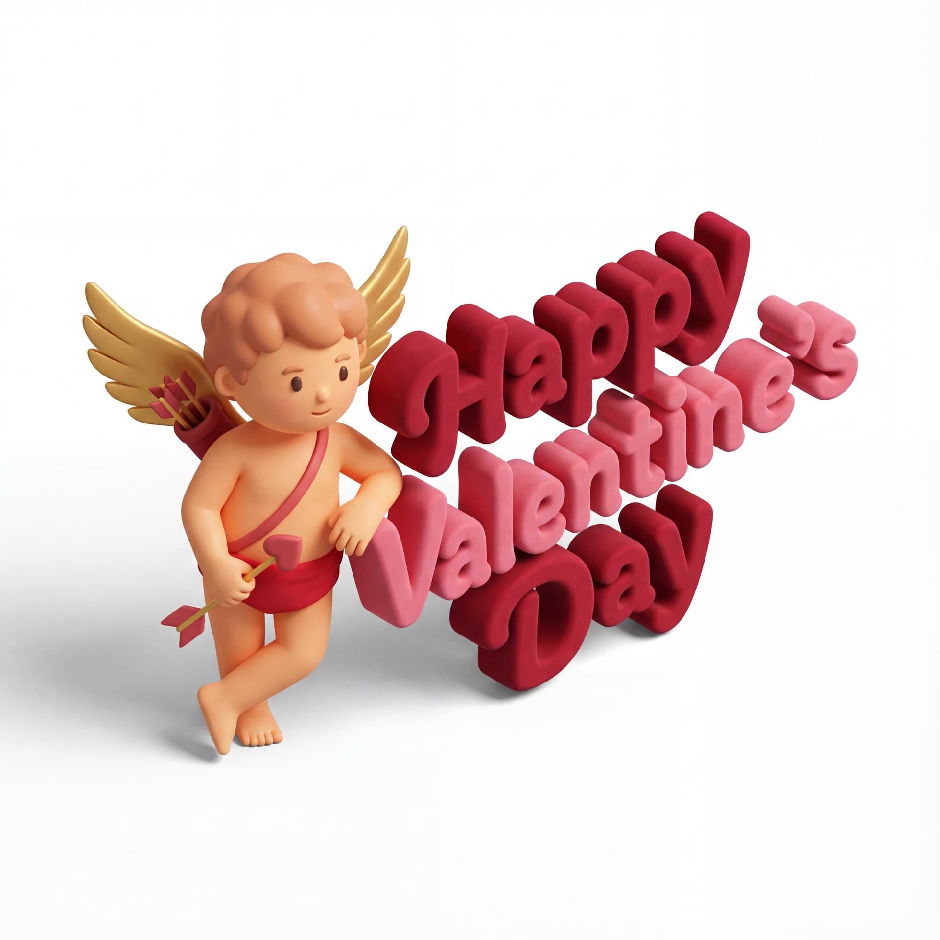 a cute Cupid character standing beside large decorative lettering reading “Happy Valentine’s Day,” the Cupid leaning casually on the text while holding a heart-tipped arrow, isolated on a white background.