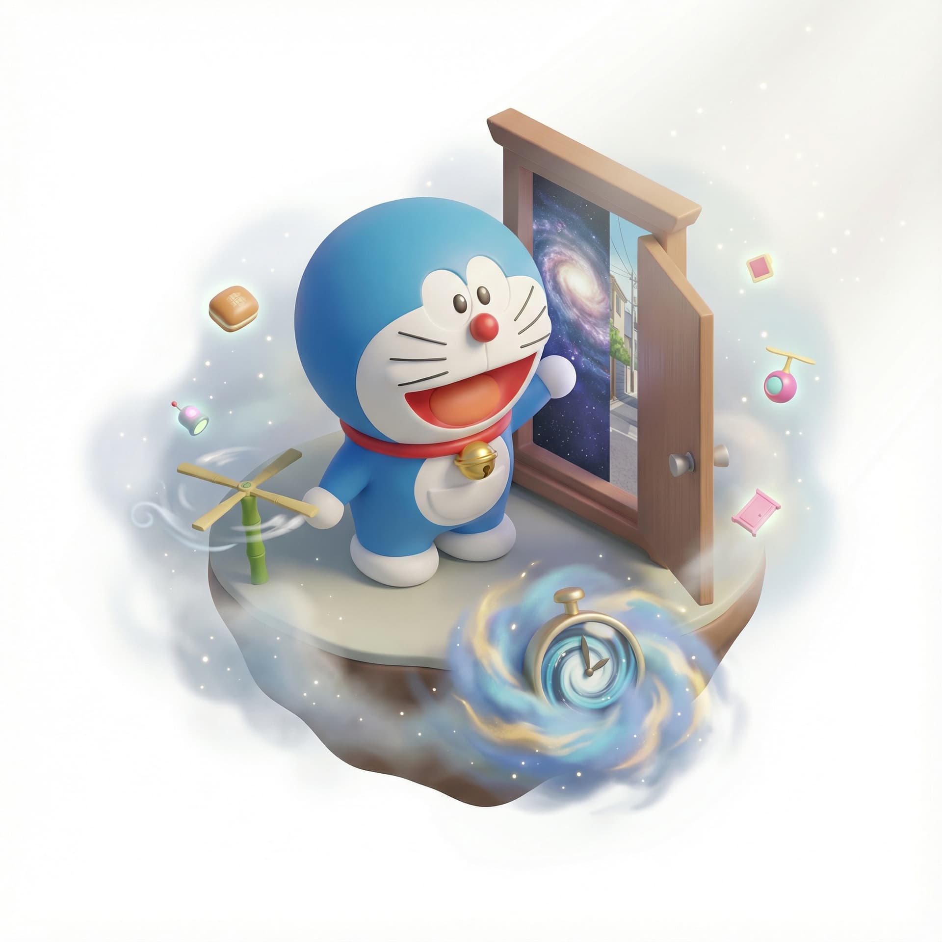 a suspended, adorable chibi stylized vignette with big head and small body of Doraemon, higlighting its legendary signature moments. Amplify the mood through environmental effects and atmospheric conditions.