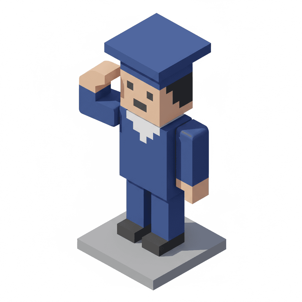 pixelated isometric icon of a student saluting with exaggerated square proportions