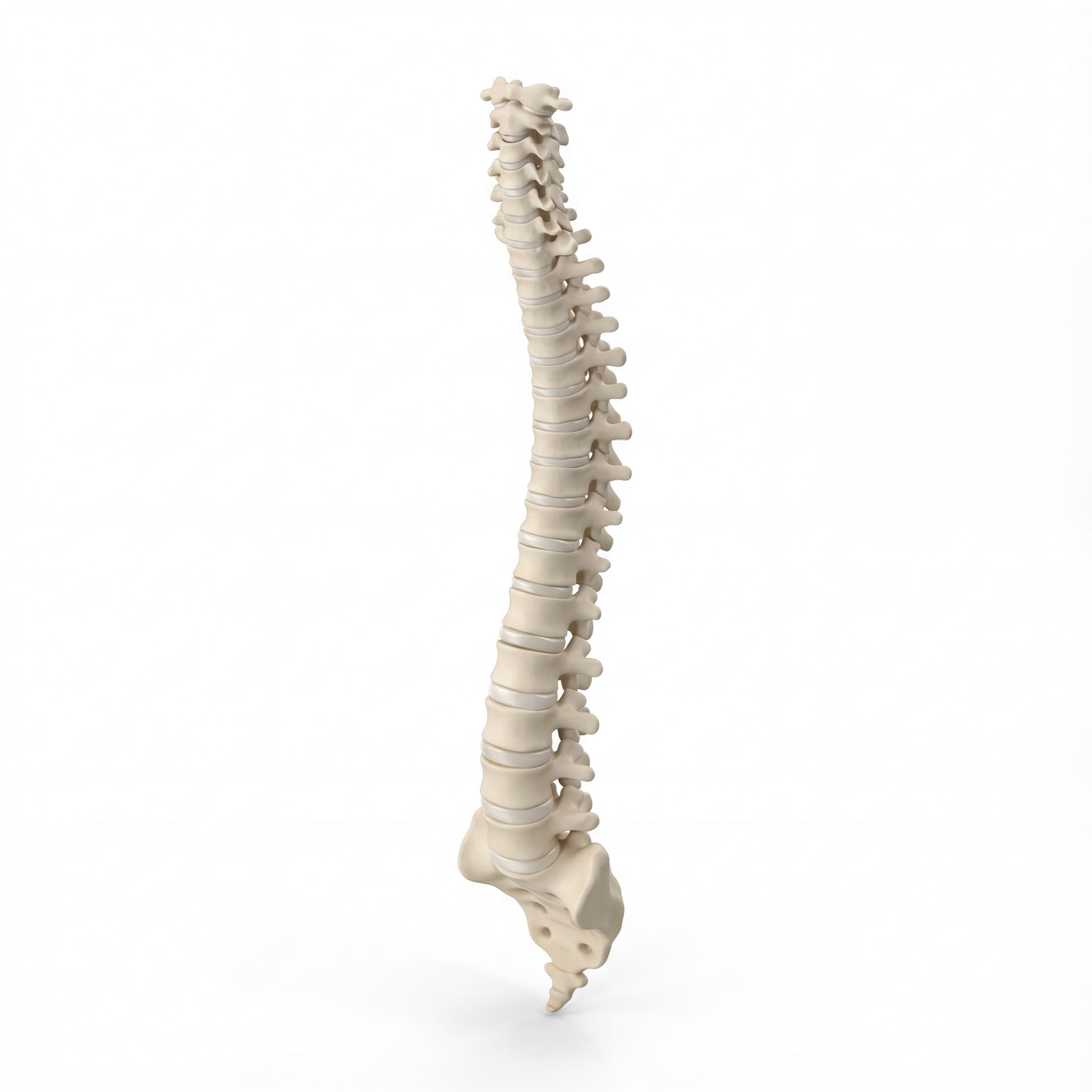 A 3D human spine model displayed upright with individual vertebrae clearly separated, orthopedic medical visualization, isolated object.