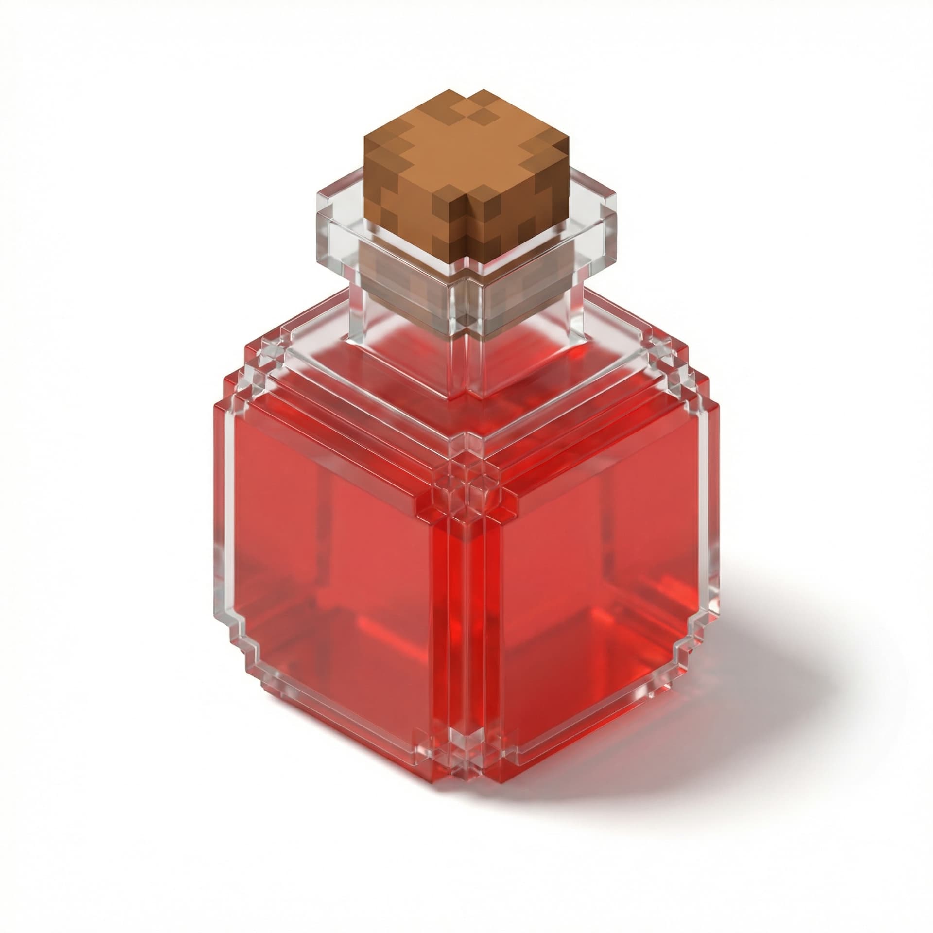 Isometric icon of a health potion bottle, pixel art, red liquid, retro gaming sprite, pixelated edges, 8-bit style.