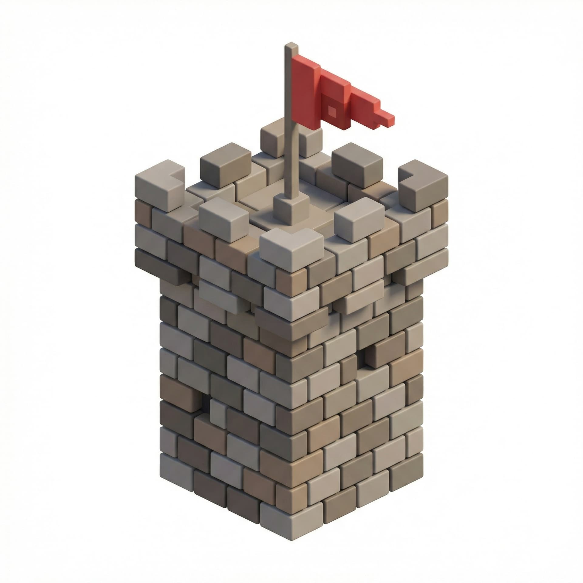 Isometric icon of a medieval castle tower, voxel art style, blocky bricks, red flag on top, cute strategy game asset.