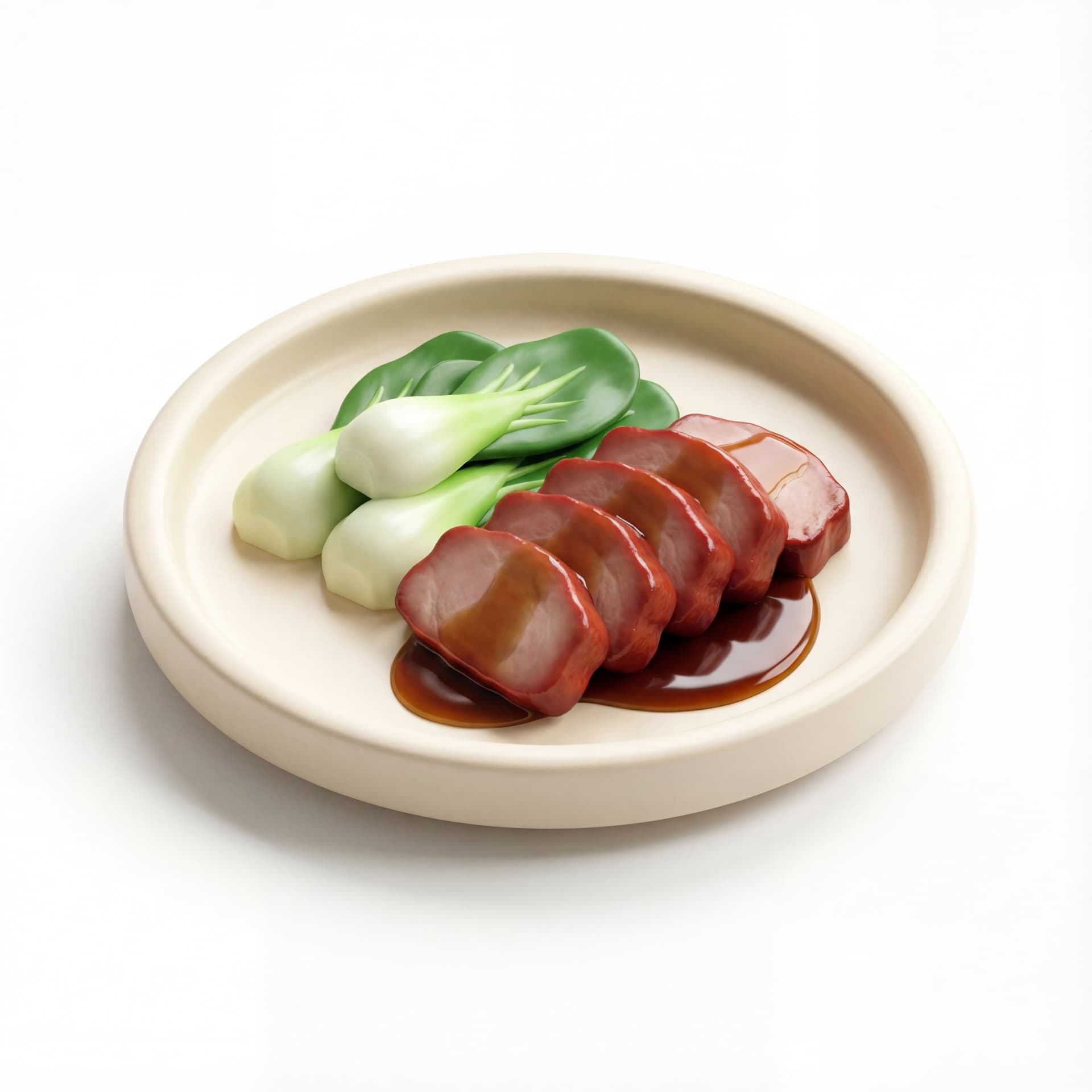 A cartoon ceramic plate holding sliced char siu pork, steamed bok choy, and a small pool of glossy honey-soy glaze.