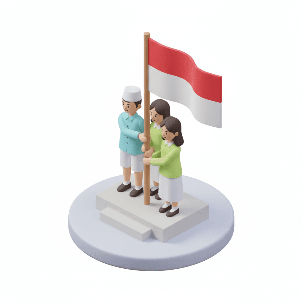 a clean flat pastel isometric vector of students holding Indonesian flag during school ceremony