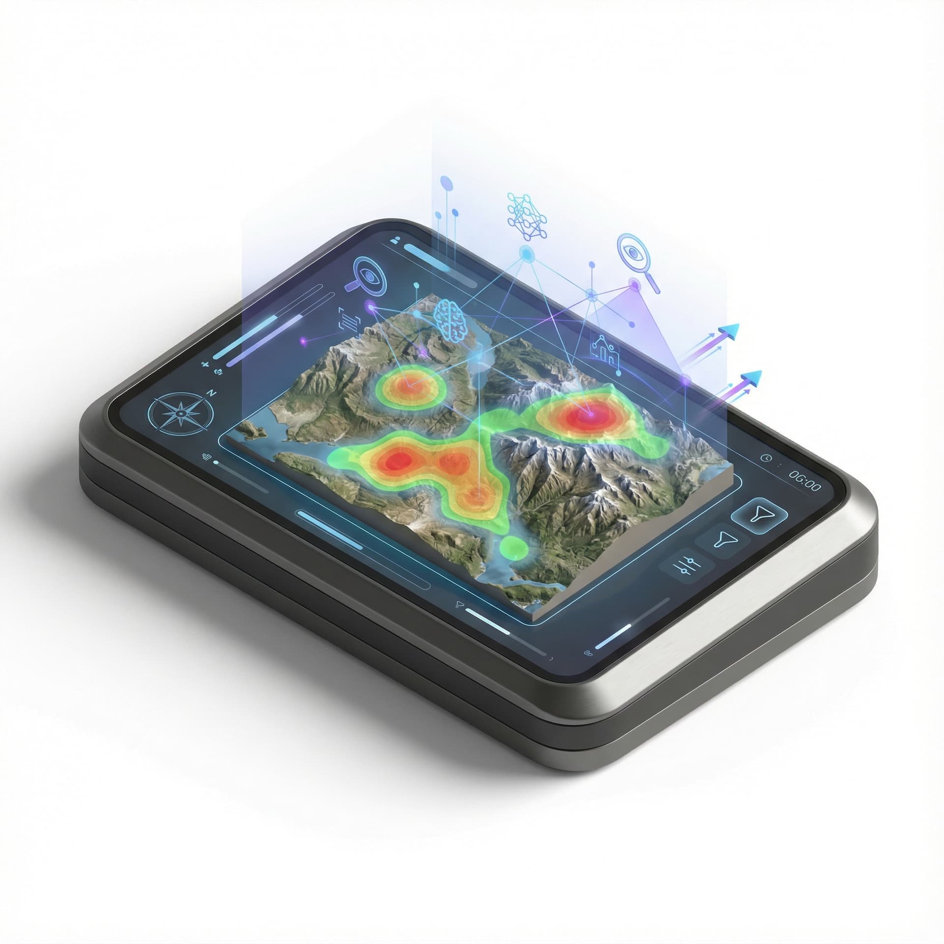 Futuristic geospatial dashboard with 3D terrain, heatmaps, and holographic AI insights; clean minimal UI, conveying instant AI-driven analysis