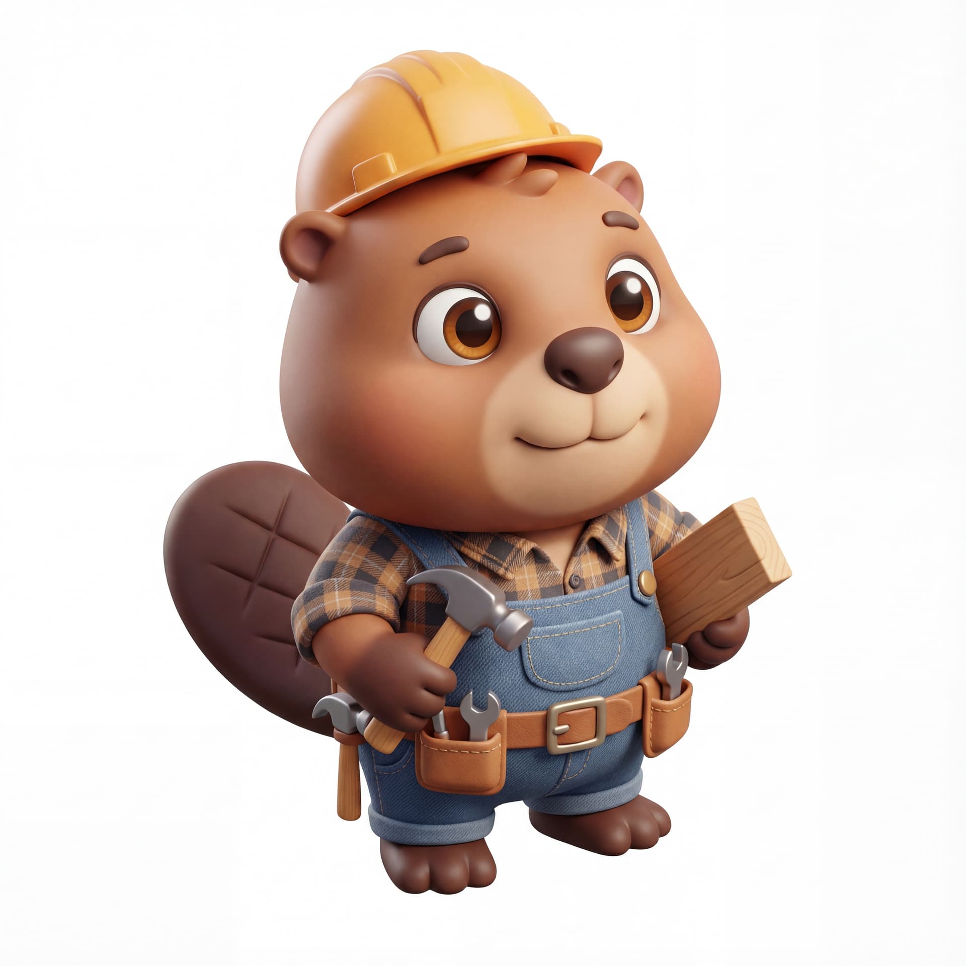 A cute cartoon beaver mascot character dressed as a carpenter, full body, front-facing, rounded proportions, big expressive eyes, soft shading, friendly neutral smile, centered composition, isolated on a white background.