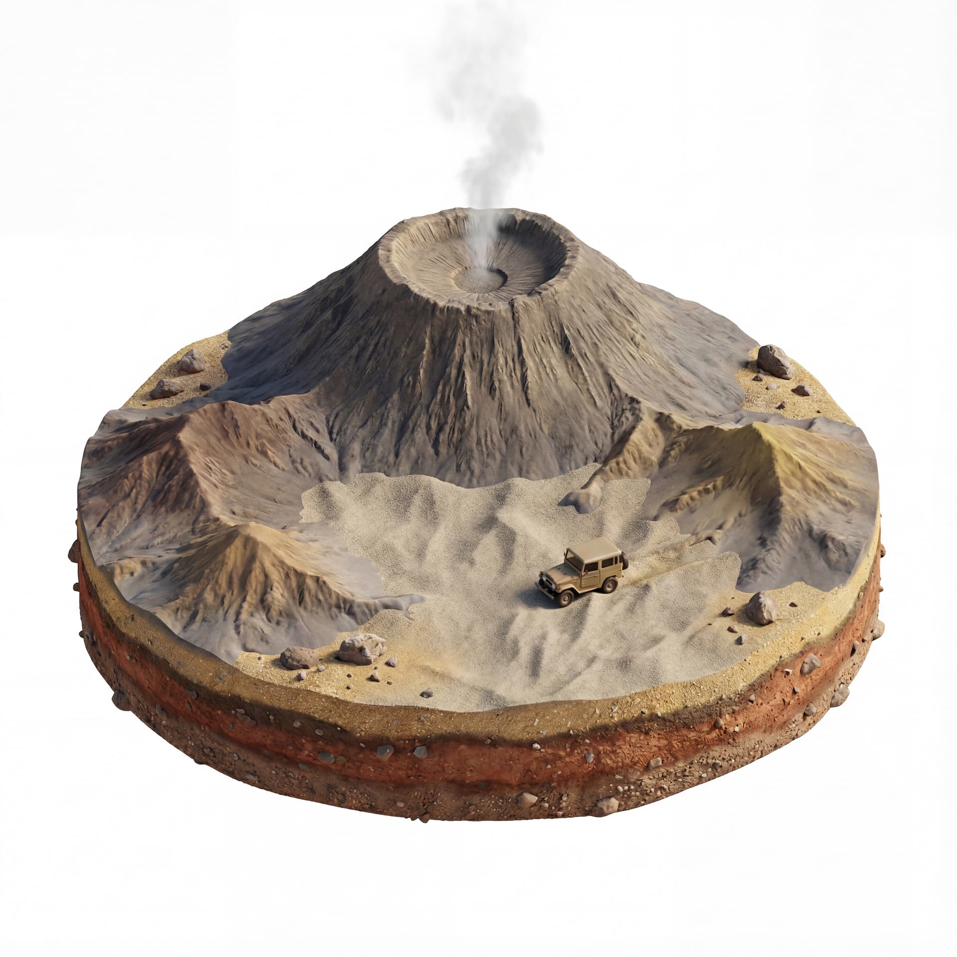 Mount Bromo, detailed volcanic crater, circular caldera, sea of sand, low hills around the crater, thin smoke rising from the cone, small jeep hardtop on the sand for scale, floating island base with layered soil + sand textures, scattered rocks