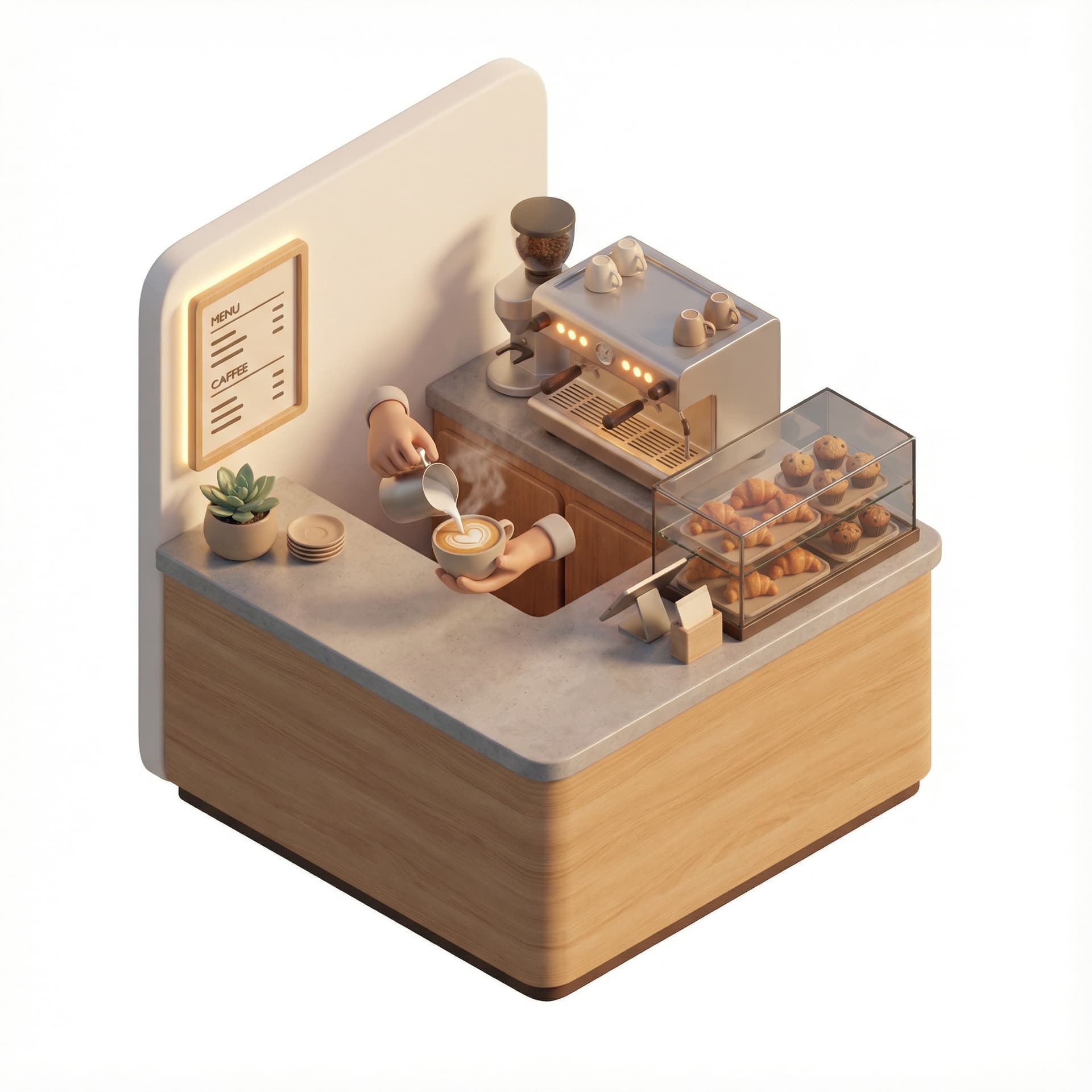3D isometric floating vignette of a modern café corner, iconic latte-art moment, warm ambient lighting, subtle steam effects, stylized countertop textures, balanced angles and clean shapes, designed for high-end microstock clarity.

