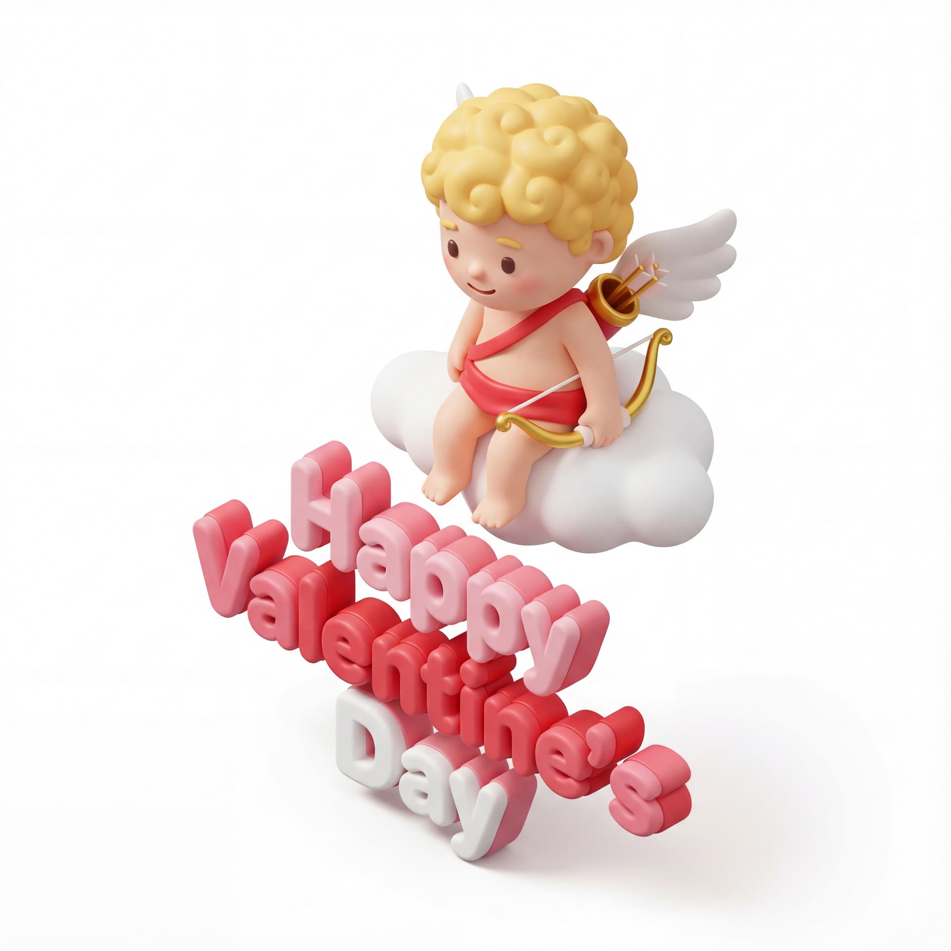 A full-body portrait of a cute Cupid character sitting on a small cloud above stacked typography reading “Happy Valentine’s Day,” with the Cupid looking down affectionately at the text, isolated on a white background