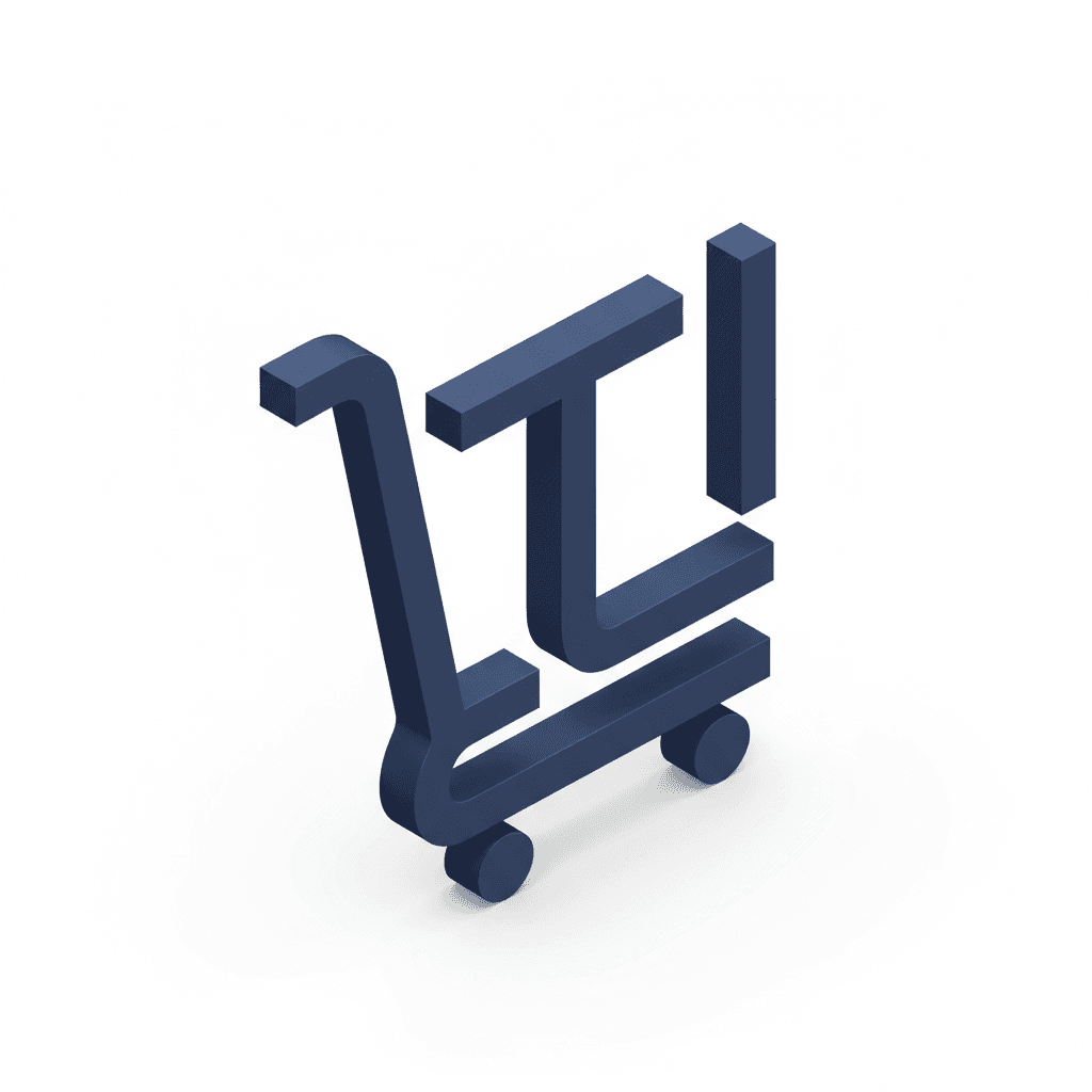 Unique monoline logo icon. A dynamic single-line drawing forming a shopping cart. The lines cleverly incorporate the initials "TI" (Toko Imanuel) within the cart's structure—'T' as the handle and 'I' as the main body/front. Minimalist, modern, and fluid design, suggesting motion. Color: Solid dark blue (#202A56) on a clean white background.