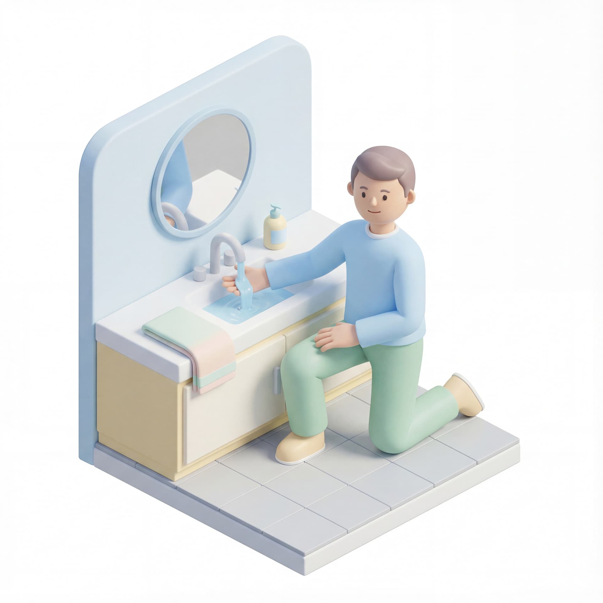 3D isometric vector illustration of burn first aid treatment, person cooling burned hand under running water, home bathroom setting, safety and prevention theme, reassuring calm mood, soft natural lighting, pastel medical color palette, simplified isometric shapes, clear instructional composition, minimal background, professional healthcare infographic style
