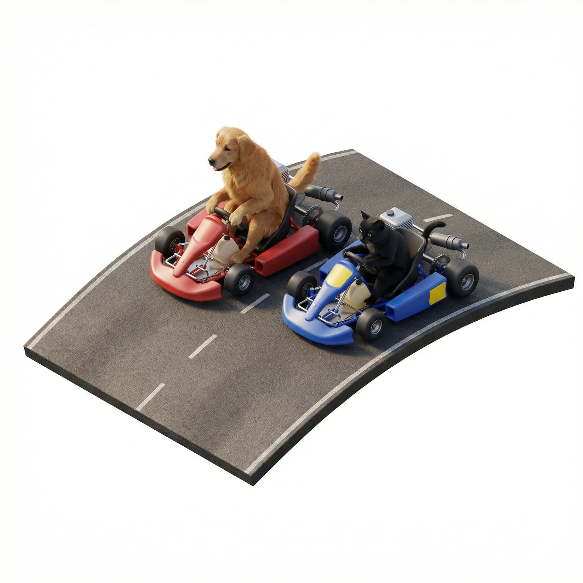 a golden retriever dog and a black cat racing on go carts