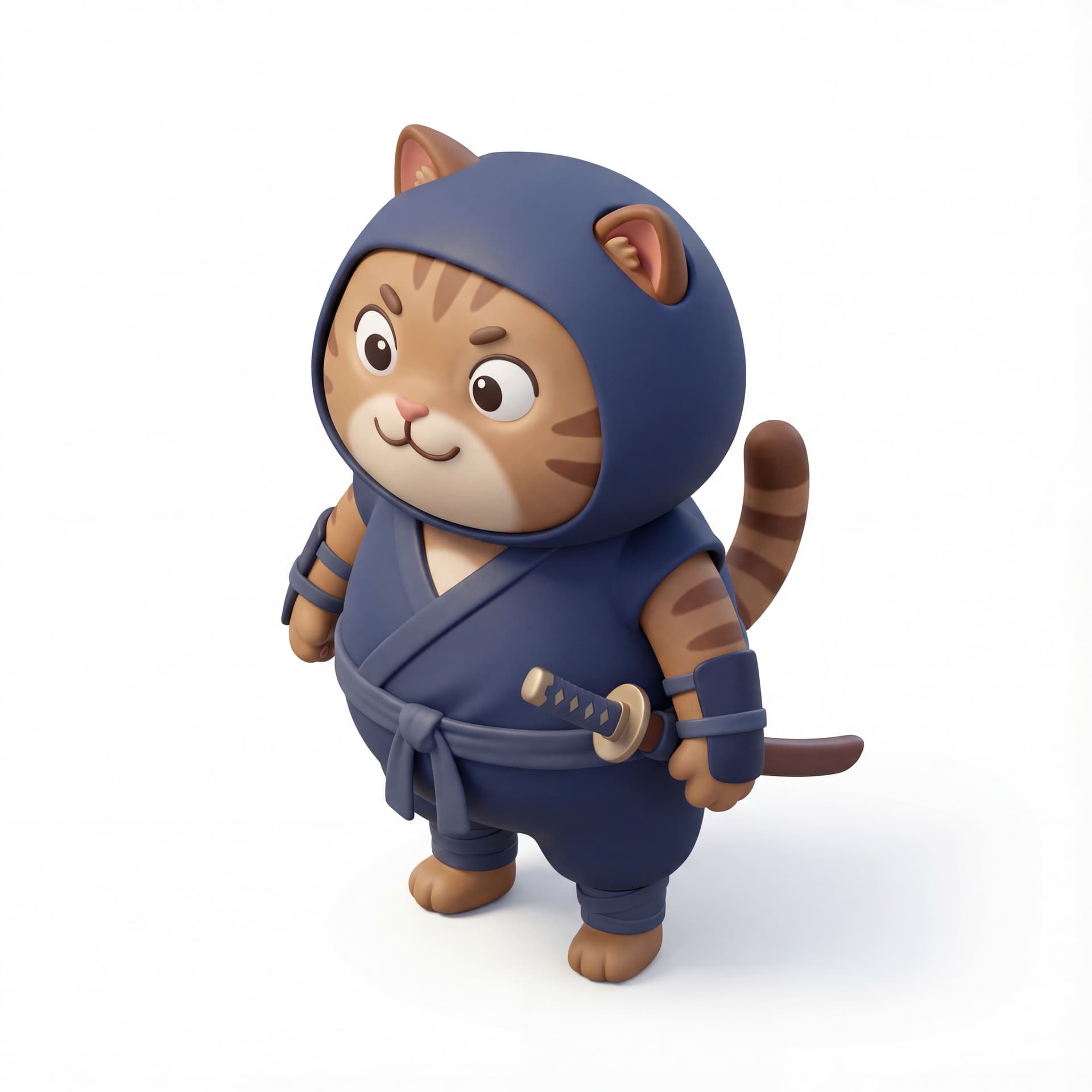 A 3D cartoon cat ninja character standing upright, small sword sheathed at the waist, chubby body proportions, alert playful expression, isolated character.