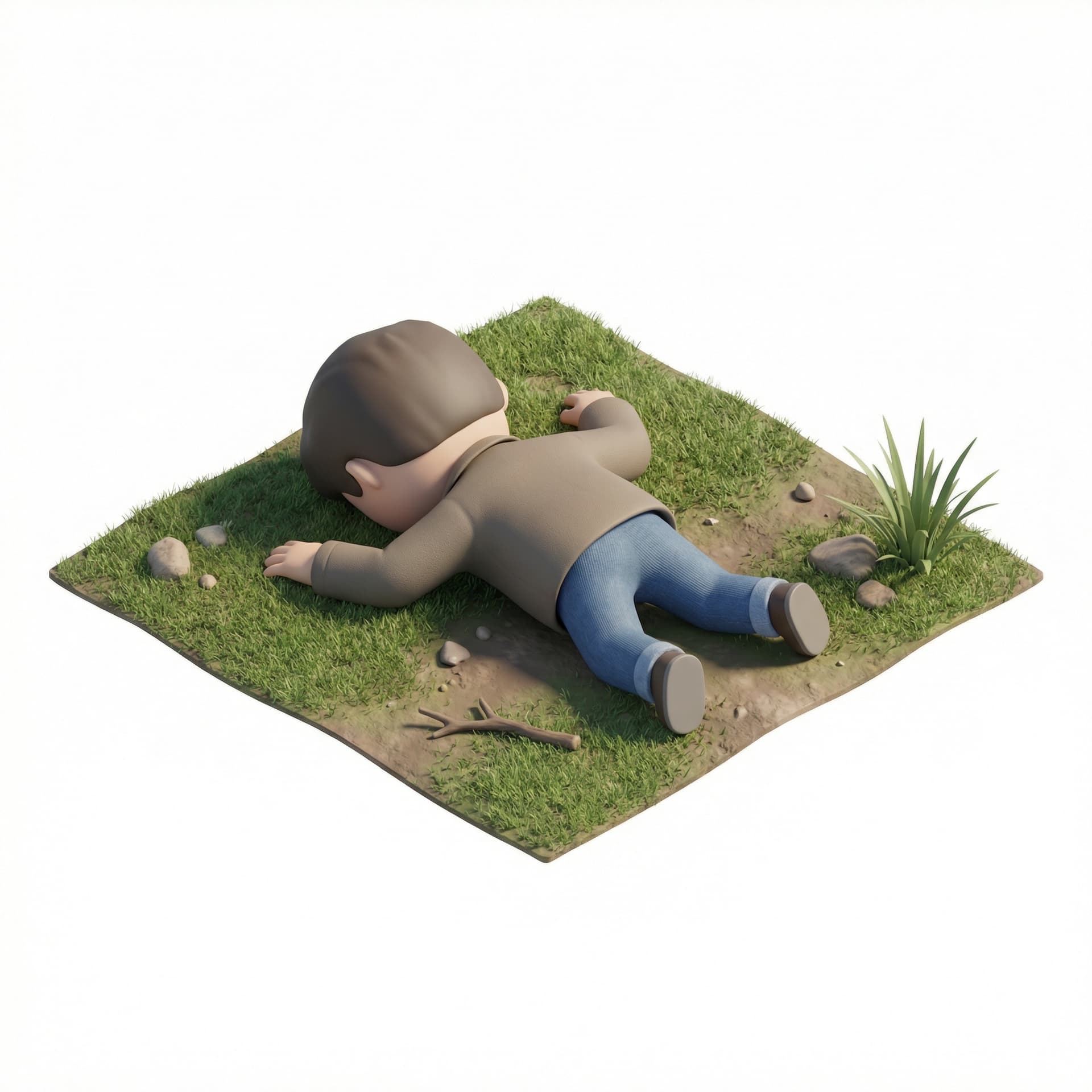 make some that just fall to the ground in isometric way. Hyper realistic style. You see the character from the back because he's lying on the floor in not a confortable way because he just fall. Create a little scene having a floor with some grass and few elements showing it's outside. The character is having neutral clothe color and wearing something casual like a jean