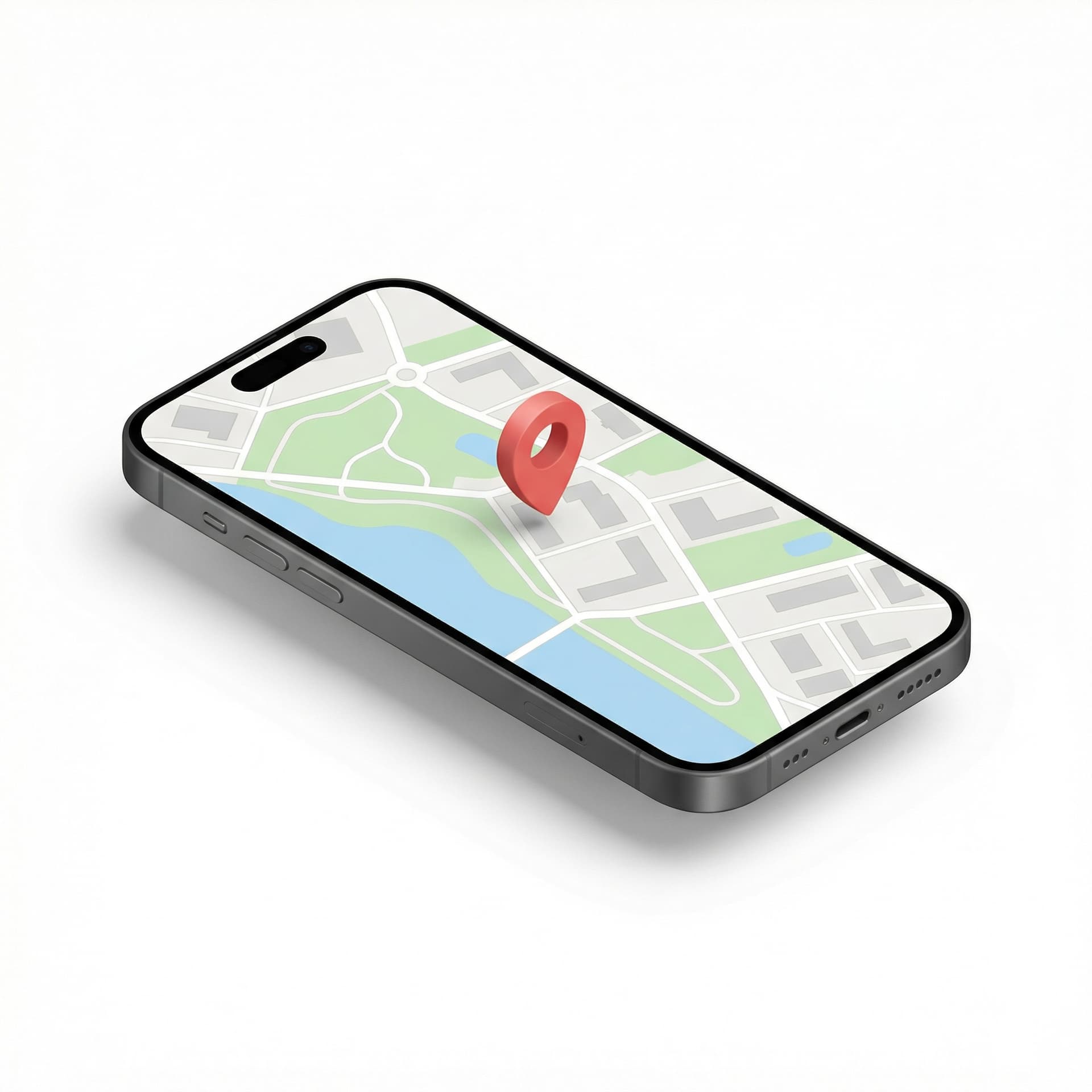Isometric icon of a smartphone showing a map app, matte device body, clean UI screen, soft shadows, floating pin location, minimal mockup.
