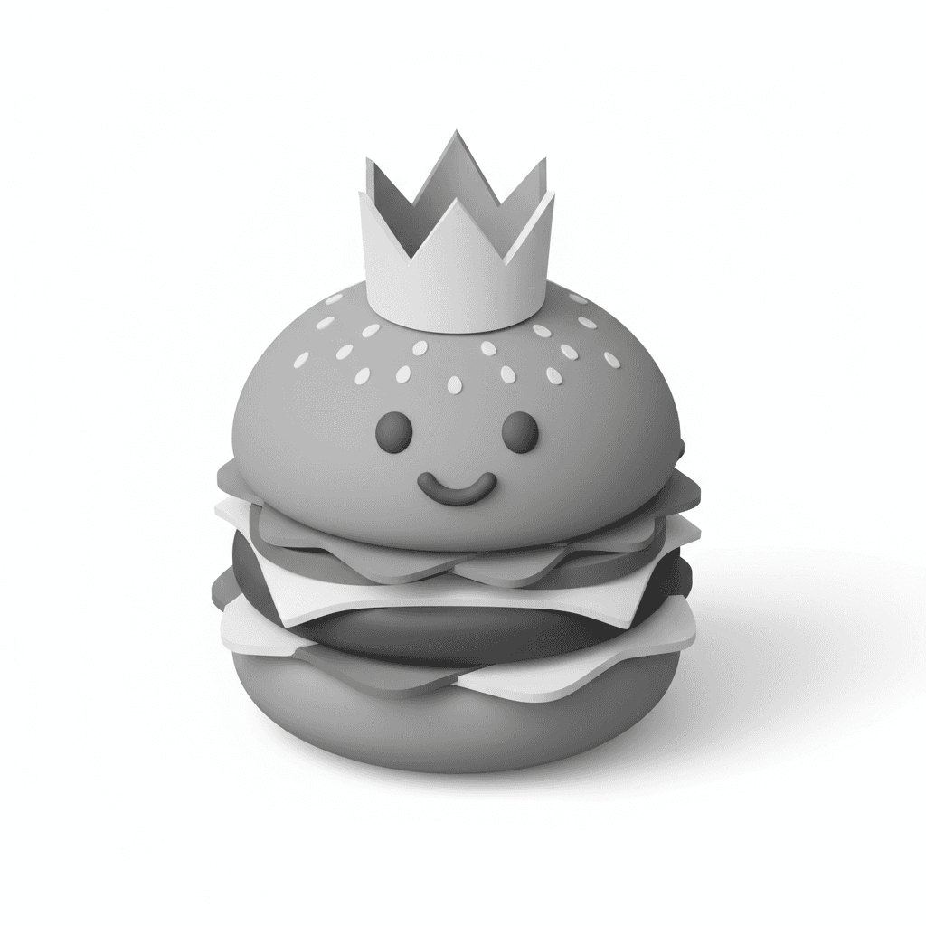 a clean monochrome isometric vector of a burger with a crown and friendly face