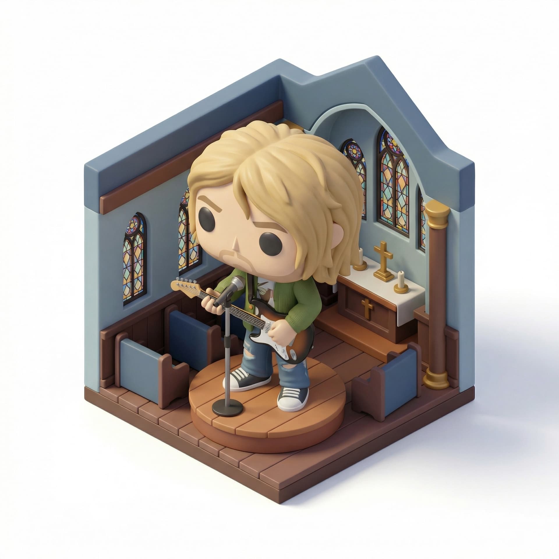curt cobain playing left handed guitar in a church with funko pop style