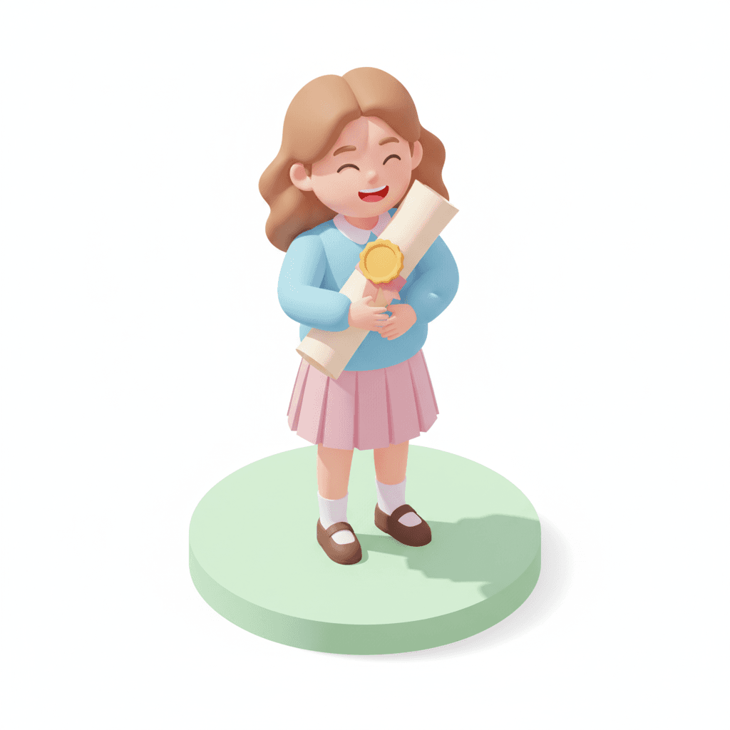 flat design isometric icon in pastel tones of a girl hugging her school certificate with pride