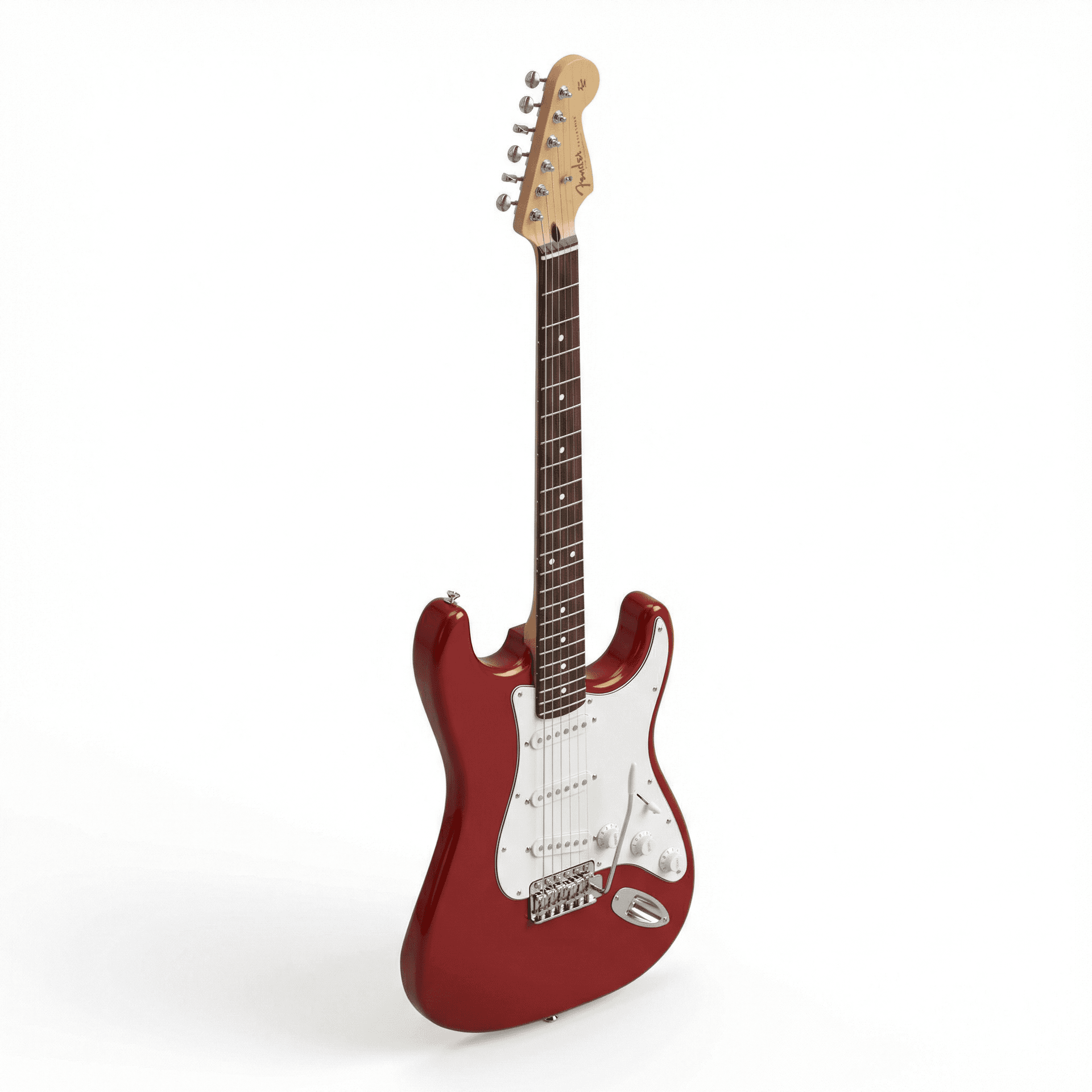 A hyper-realistic 3D render of a classic electric guitar standing upright, centered in the frame, isolated on a pure white background. The guitar features a glossy deep red solid body with smooth curves and a high-polish finish. A clean white pickguard contrasts sharply with the red body, holding three single-coil pickups, detailed control knobs, a pickup selector switch, and a chrome tremolo bridge with realistic metal reflections. The neck is made of dark rosewood with visible wood grain, evenly spaced metal frets, and small white dot inlays. The maple headstock has a natural wood tone with realistic texture, chrome tuning pegs, and subtle branding details. Guitar strings are clearly visible, stretching from the bridge to the tuning machines with accurate tension and alignment. Soft studio lighting evenly illuminates the guitar, creating gentle shadows and subtle highlights that emphasize the contours, materials, and craftsmanship. Ultra-clean composition, product photography style, photorealistic materials, precise geometry, high-detail 3D modeling, realistic reflections, global illumination, ultra-high resolution, octane render style, professional commercial product render.