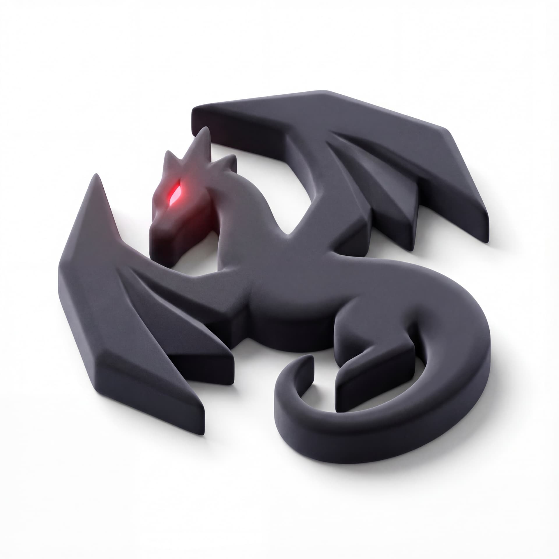 shadow dragon with matte charcoal body, sharp angular wing shapes, and glowing red slit eyes.