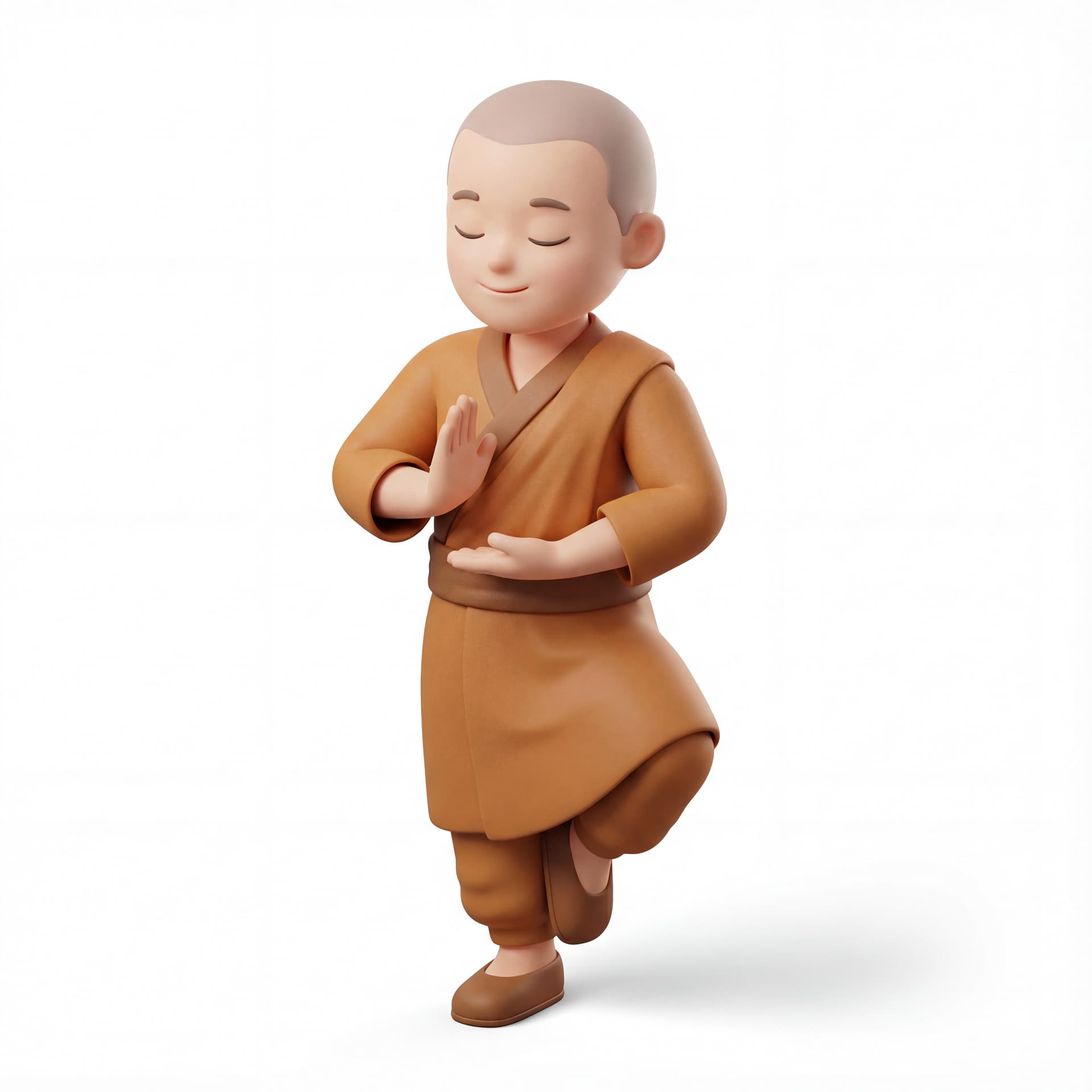 A 3D cartoon human monk character standing in a balanced meditation stance, simple robe, peaceful expression, isolated character.