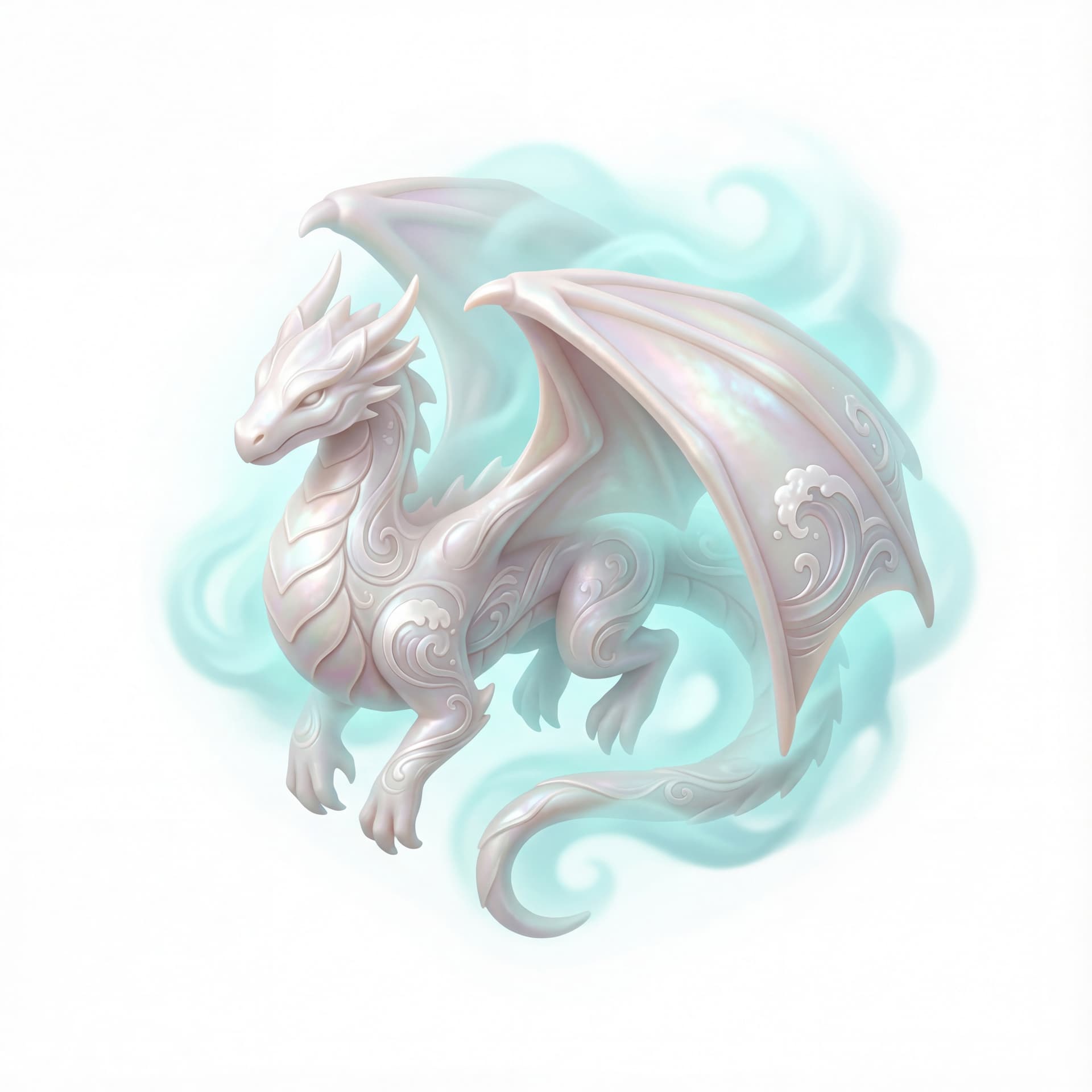 An isometric dragon with pearl-white nacre armor etched with tidal wave motifs floating in a soft aqua mist symbolizing emotional clarity.