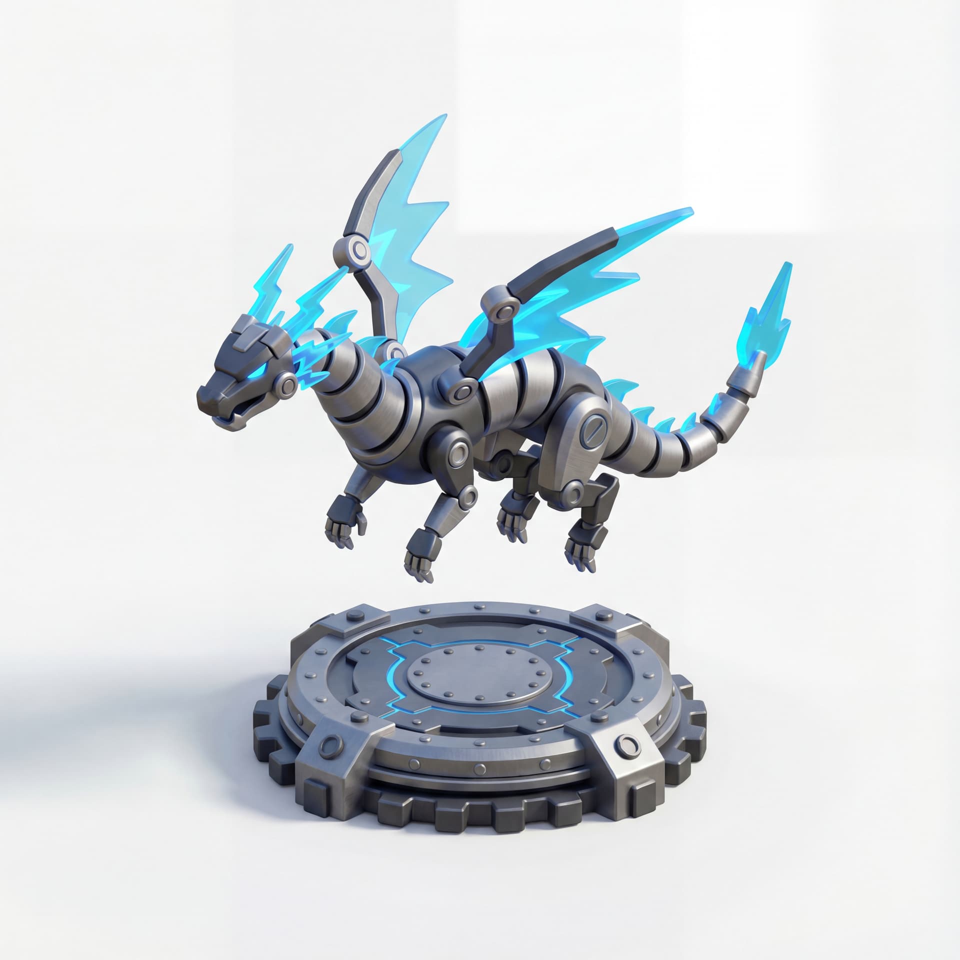 electric dragon hovering above a metallic platform, lightning-shaped fins glowing neon blue.