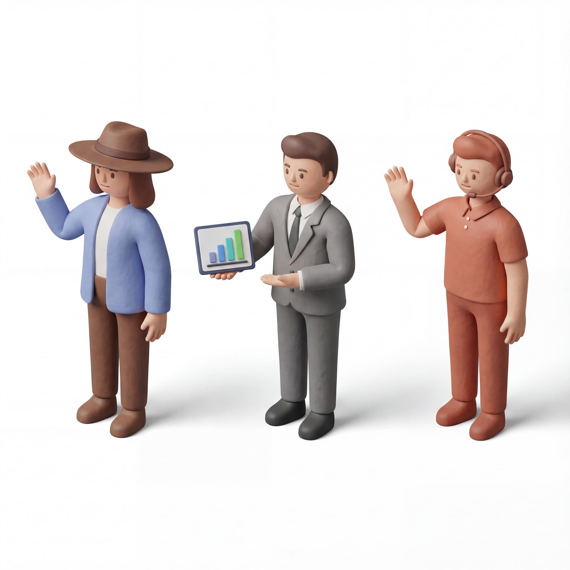 Person wearing hat waving style 3D Icon clay minimal, Business person presenting chart style 3D Icon clay minimal, Customer support agent waving style 3D Icon clay minimal