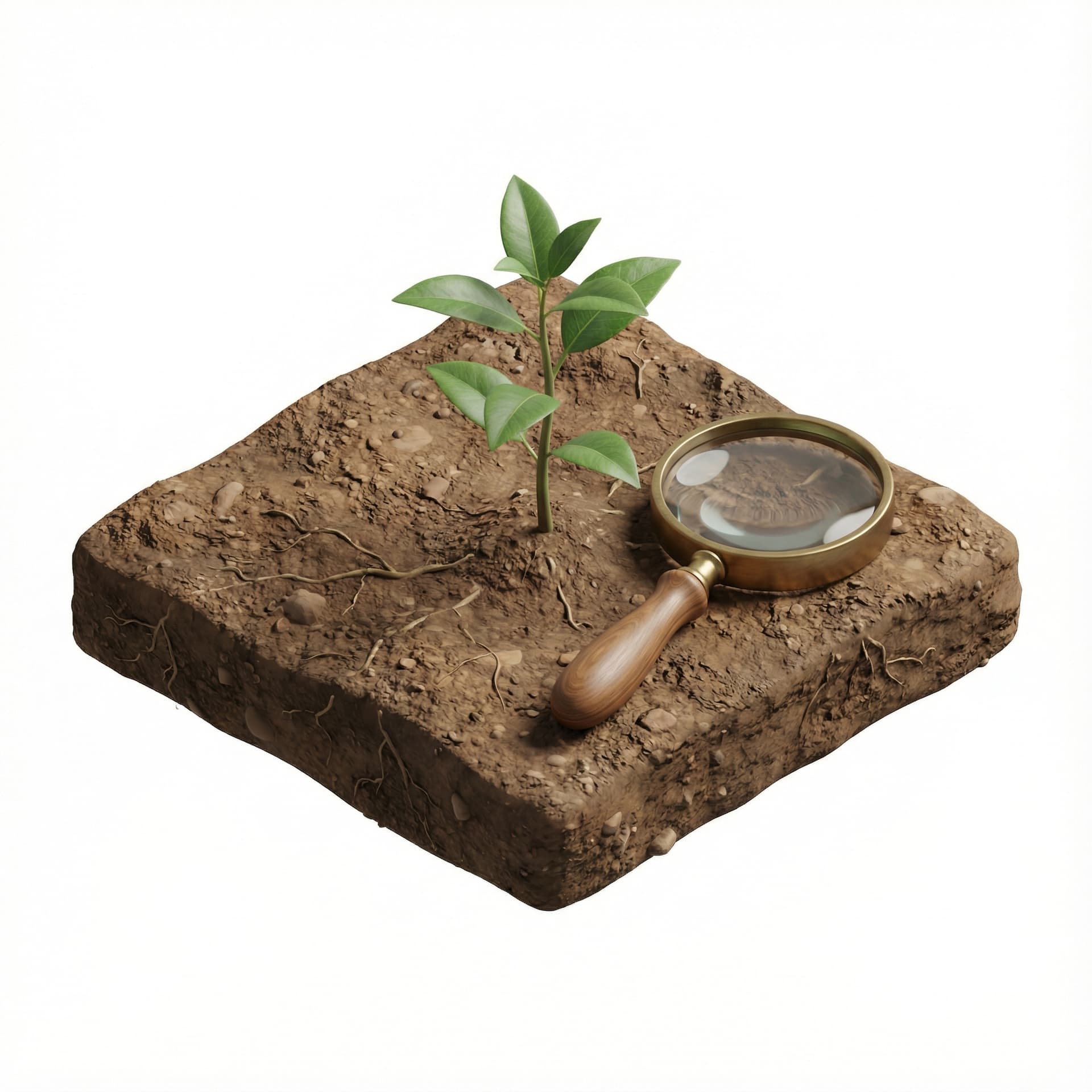 Isometric realistic soil tile with a single small sapling. A handheld magnifying glass is placed next to the plant for manual inspection. No digital elements, no holograms.