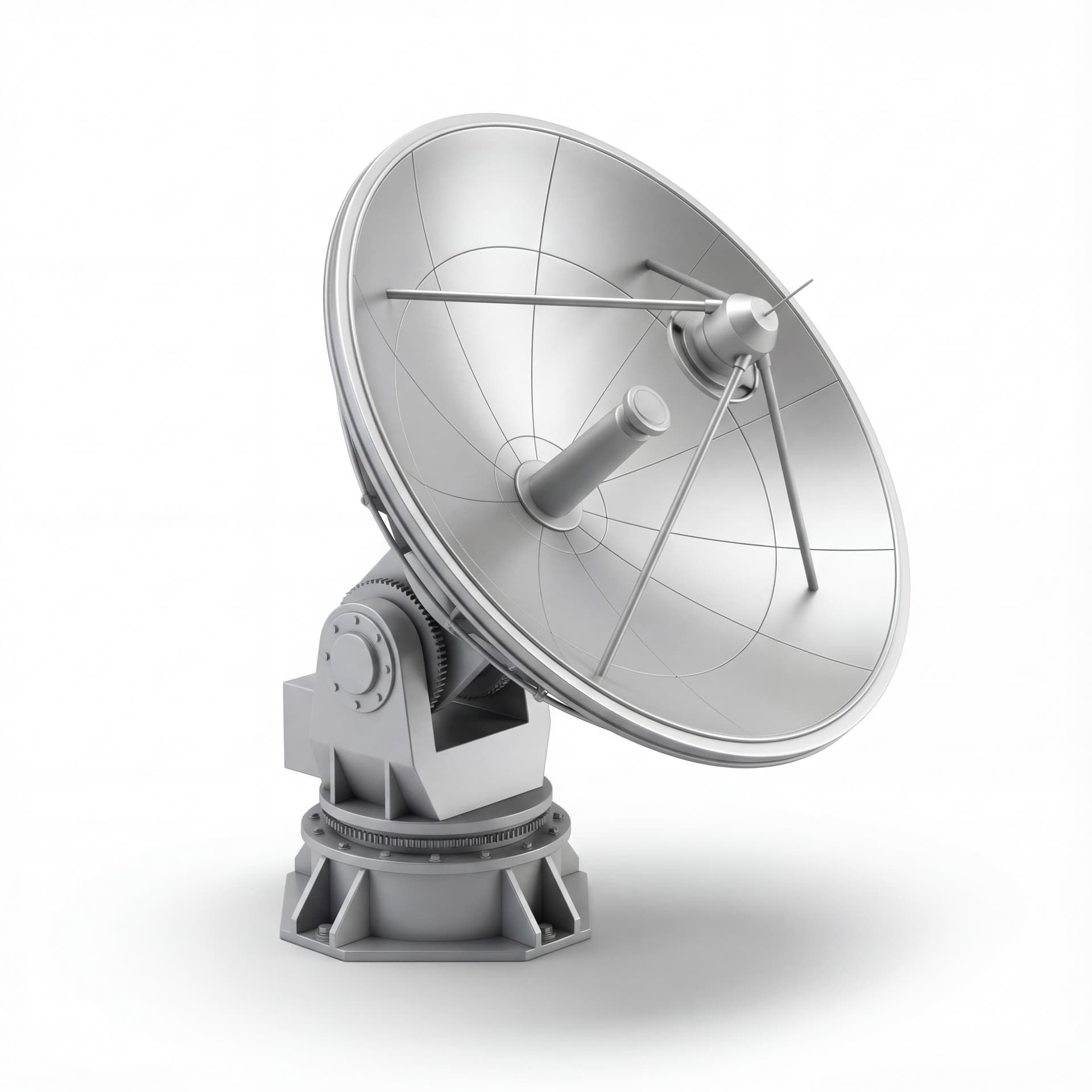 A satellite dish antenna angled upward, clean technical design representing space science and communication, isolated on a white background.