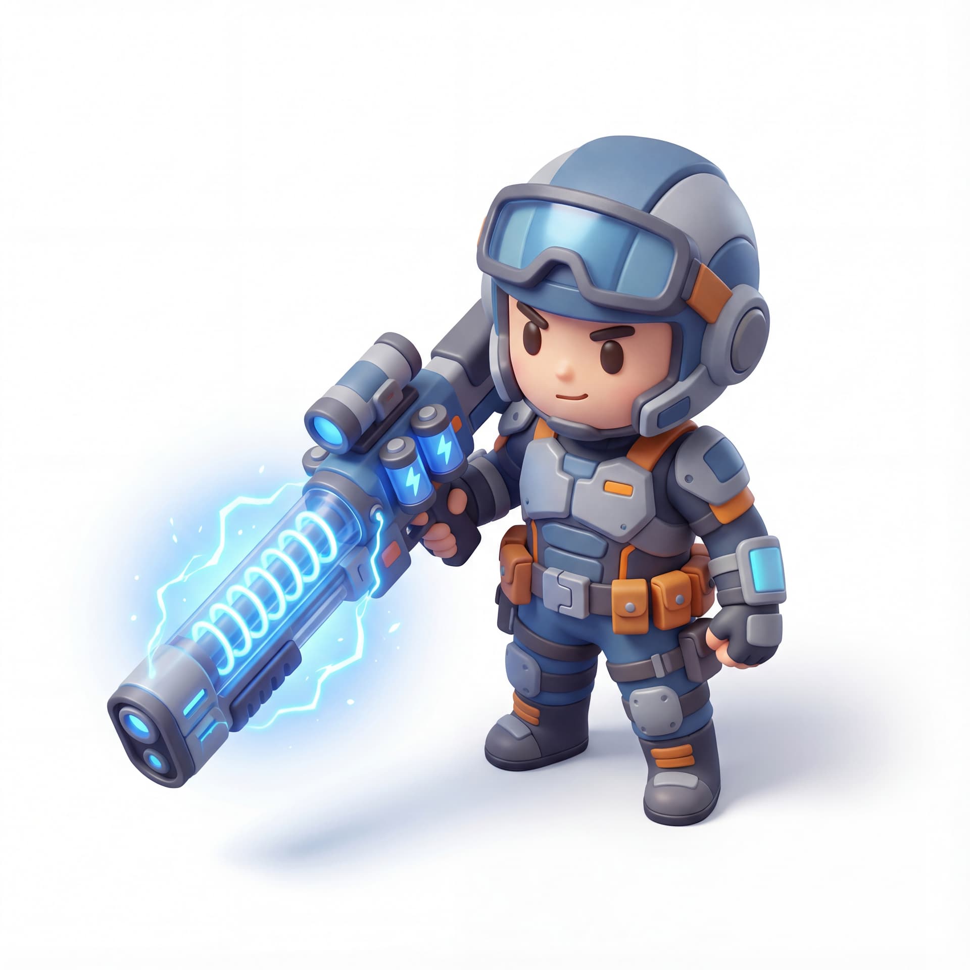 A 3D chibi human gunner holding a futuristic rifle almost as large as the body, energy coils glowing along the barrel, electric aura radiating outward, tech-style outfit with high detail, isolated character.