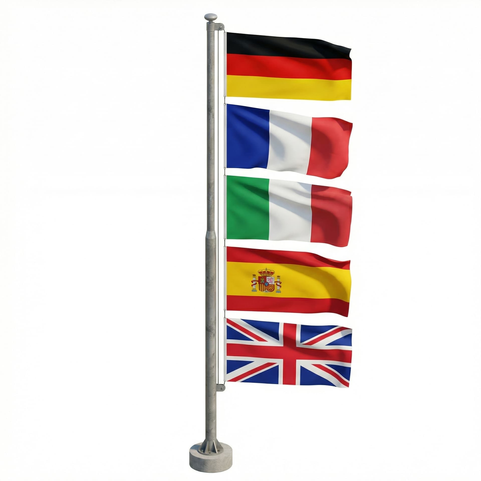make a 5 medium flag pole from europe countries randomly, with 3d realistic style