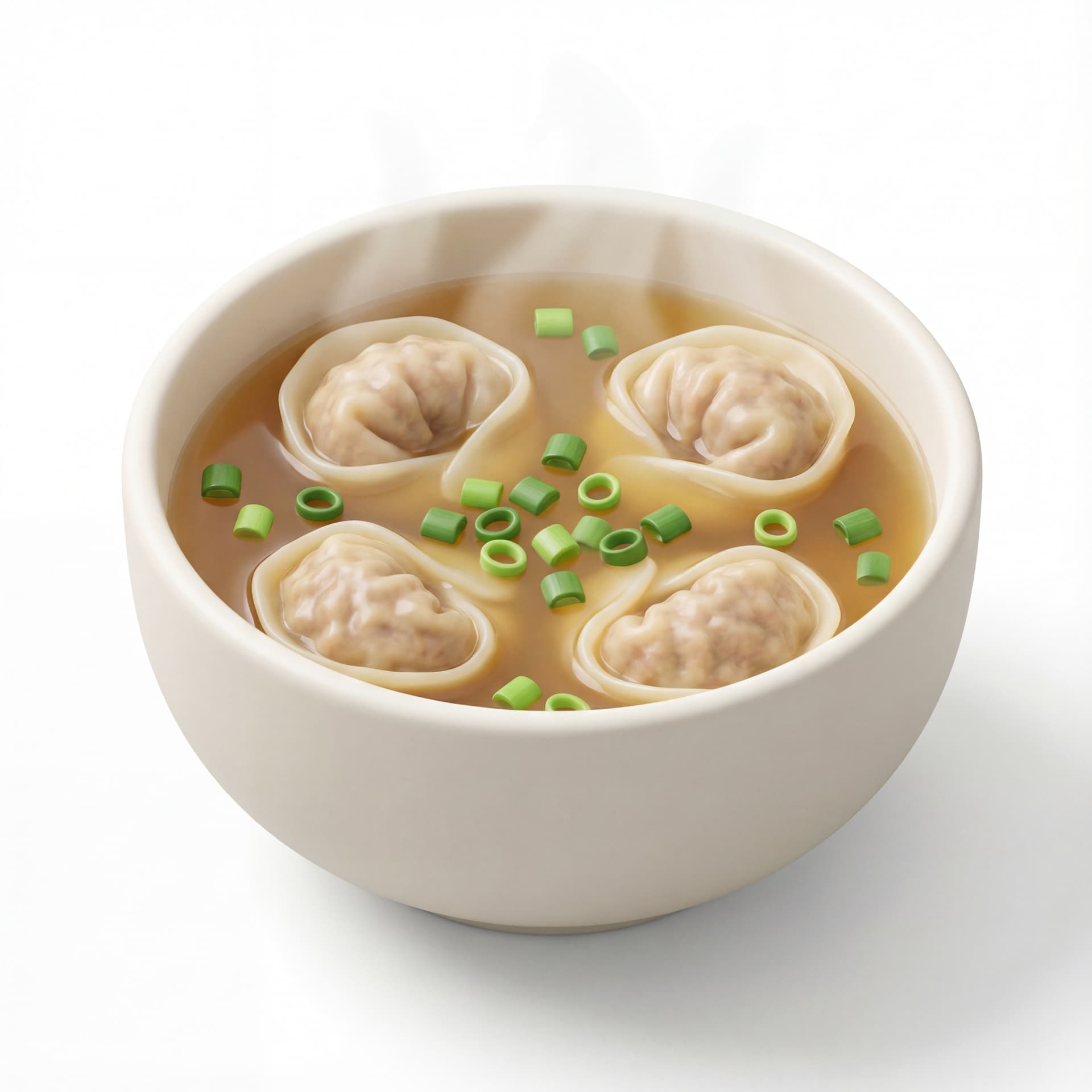 A deep soup bowl filled with wonton soup including four pork wontons, chopped green onions, and clear broth.