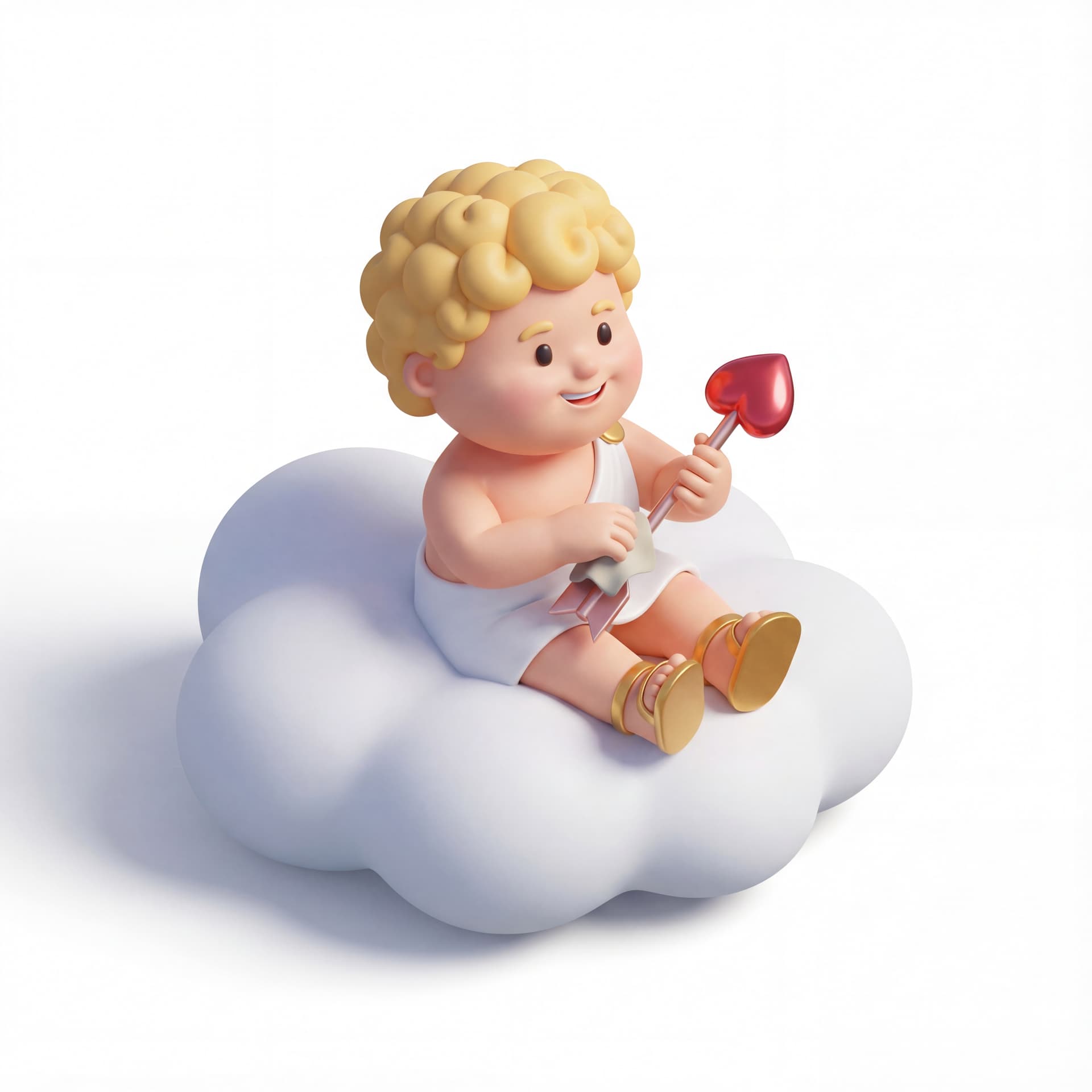 A full-body portrait of a cute Cupid character sitting on a small cloud while polishing a heart-shaped arrow, relaxed playful pose, isolated on a white background.