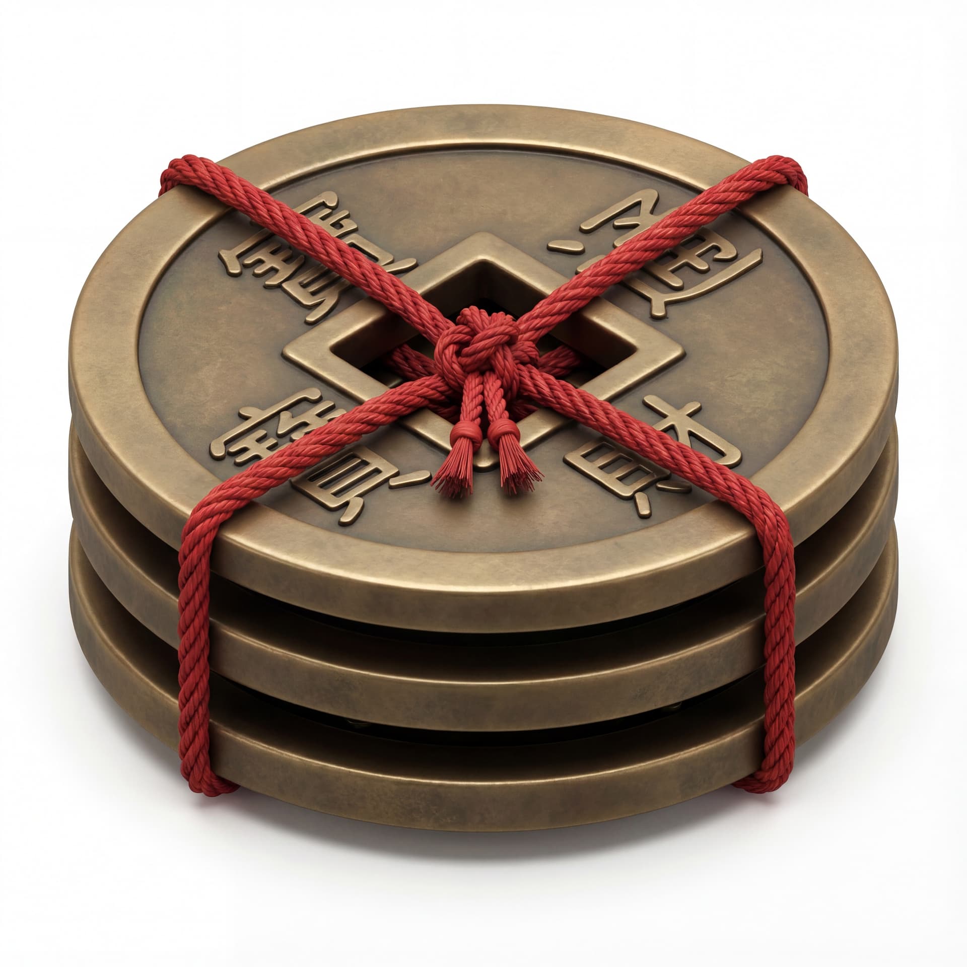 A stacked set of traditional Chinese coins tied together, three coins aligned vertically with a small connector at the center, symmetrical layout, flat front view, isolated on a white background.
