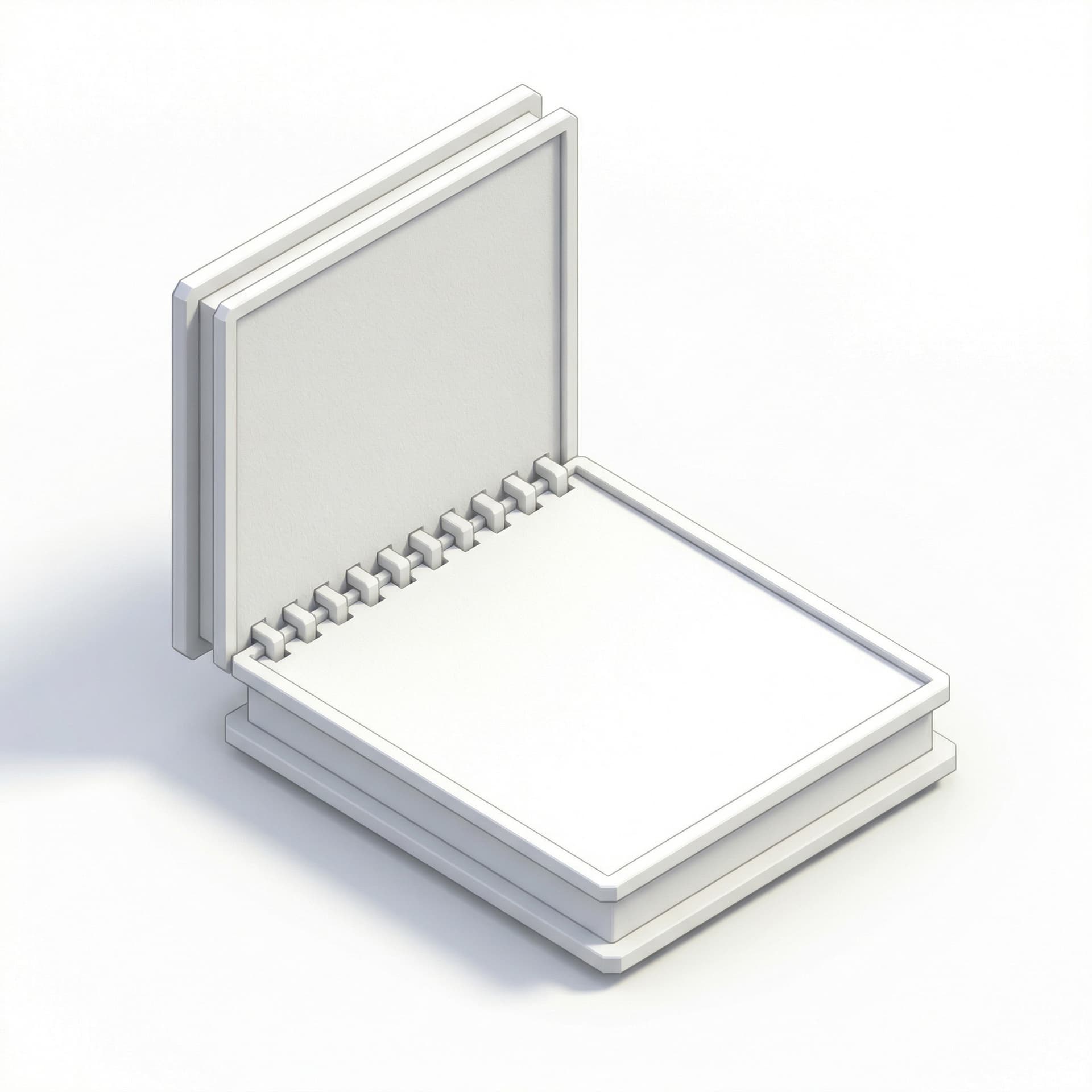 um bloco de notas no estilo microsoft paint aesthetic, ele deve ser em arte 3D, é um bloco de notas branco e contorno branco, deve estar deitado como se estivesse uma mesa e com uma folha do bloco de notas a 90° levantada