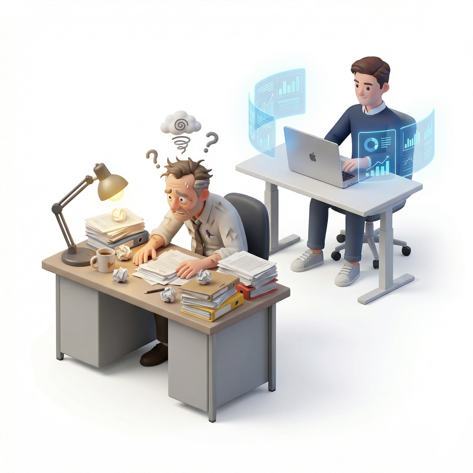 An overworked office worker buried in paperwork, looking confused and stressed, seated at a messy desk, while in the background a younger person uses a sleek laptop confidently with glowing digital screens, modern office, 3D illustration style
