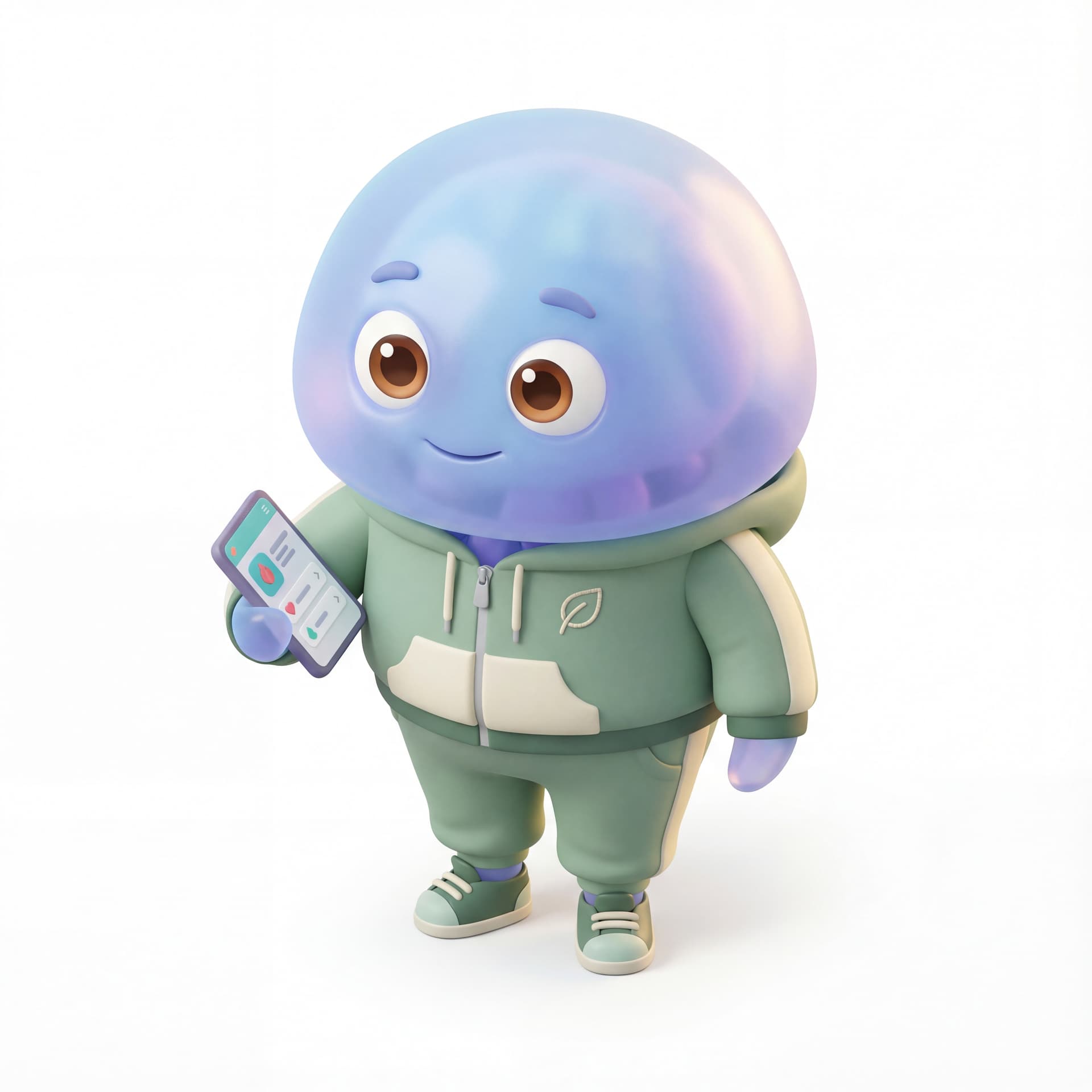 A cute cartoon jellyfish mascot character dressed as a wellness coach, wearing comfortable modern clothing, full body, front-facing, rounded proportions, big expressive eyes, soft shading, calm reassuring smile, centered composition, isolated on a white background.
