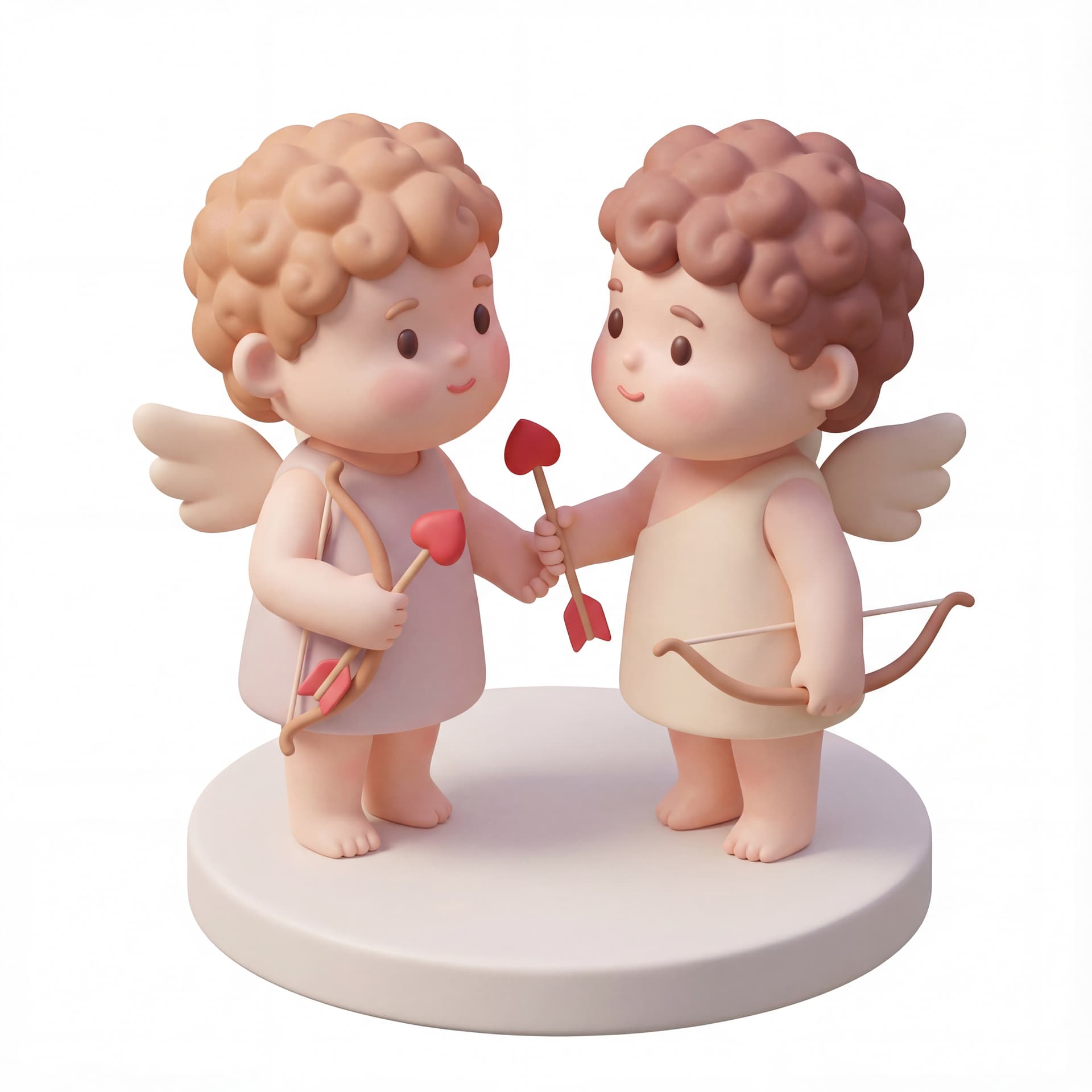 A full-body portrait of a cute couple of Cupid characters facing each other while exchanging heart-tipped arrows, gentle affectionate body language, isolated on a white background.