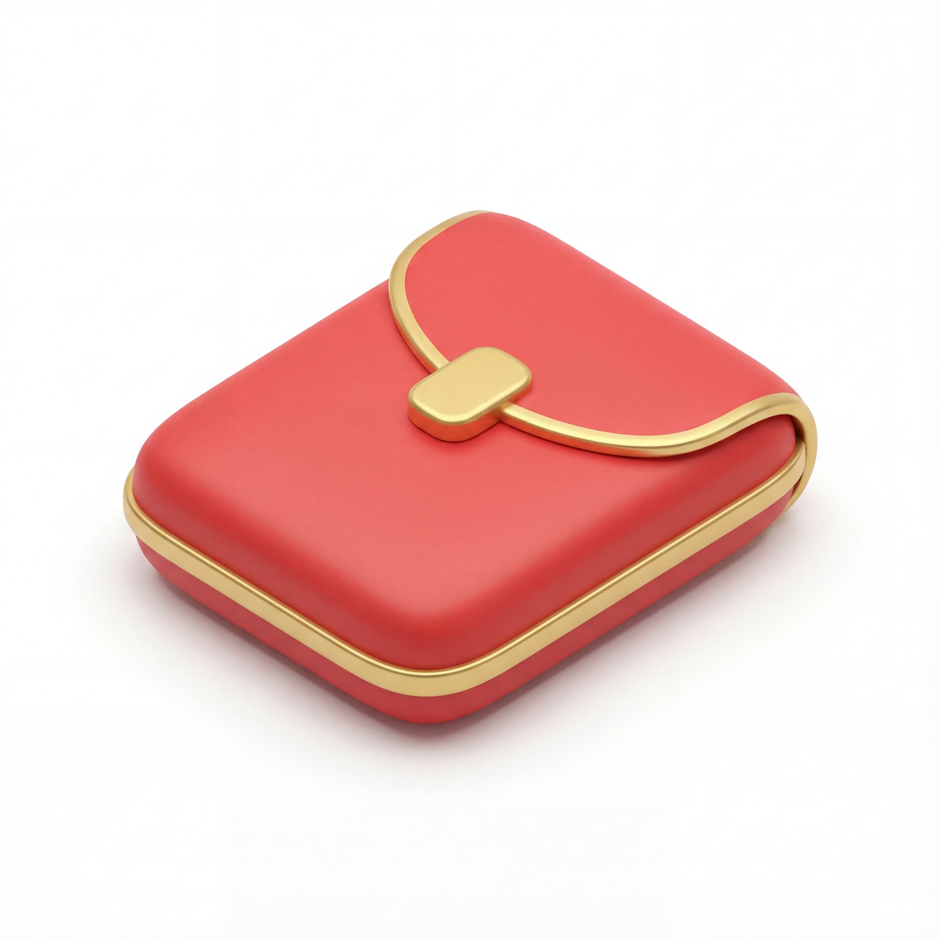 A clean cute cartoon icon of a red envelope with gold trim, simple rounded shape, soft shading, centered composition, isolated on a white background.