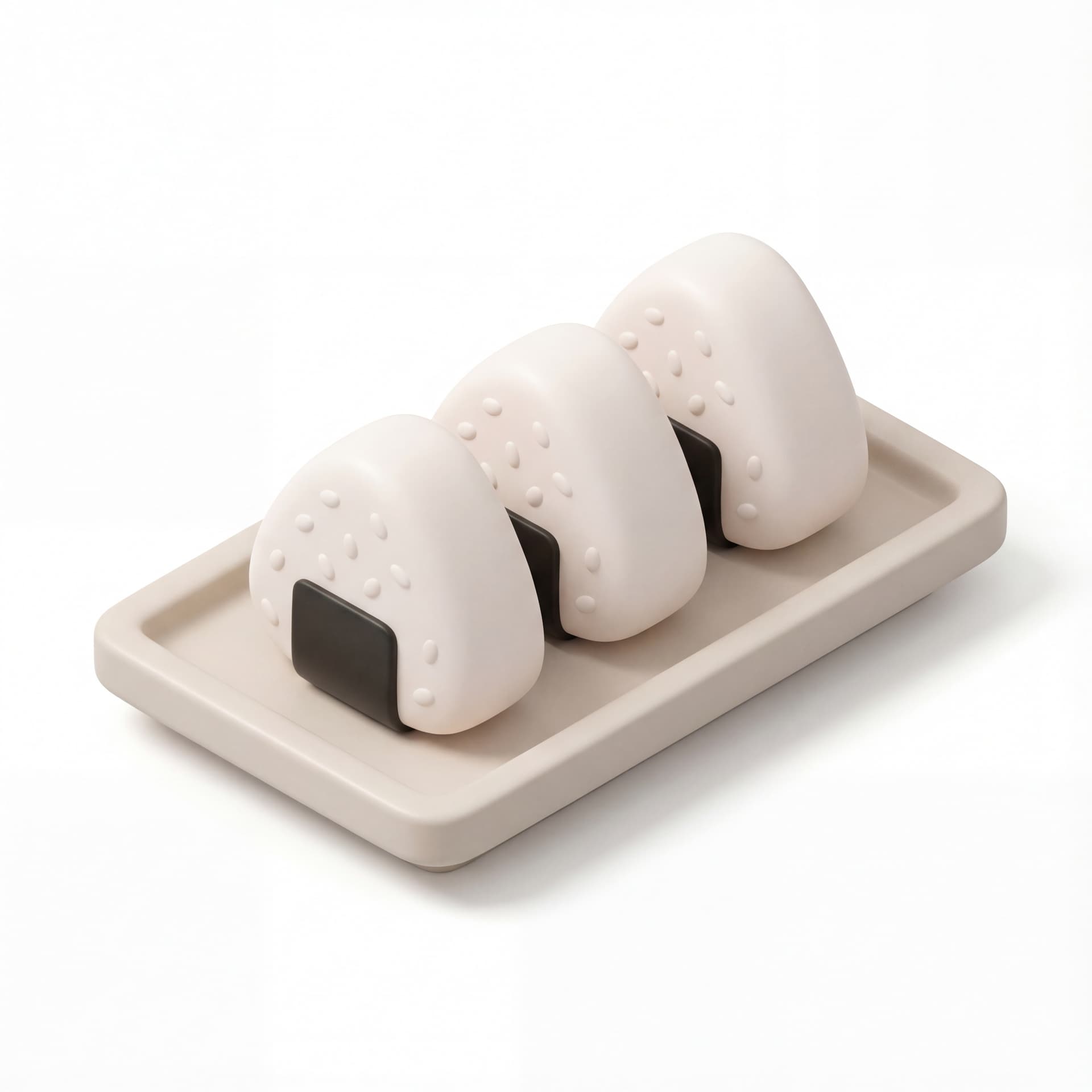A cartoon onigiri trio resting on a rectangular plate, soft triangular shapes, subtle rice texture dots, minimal shading.