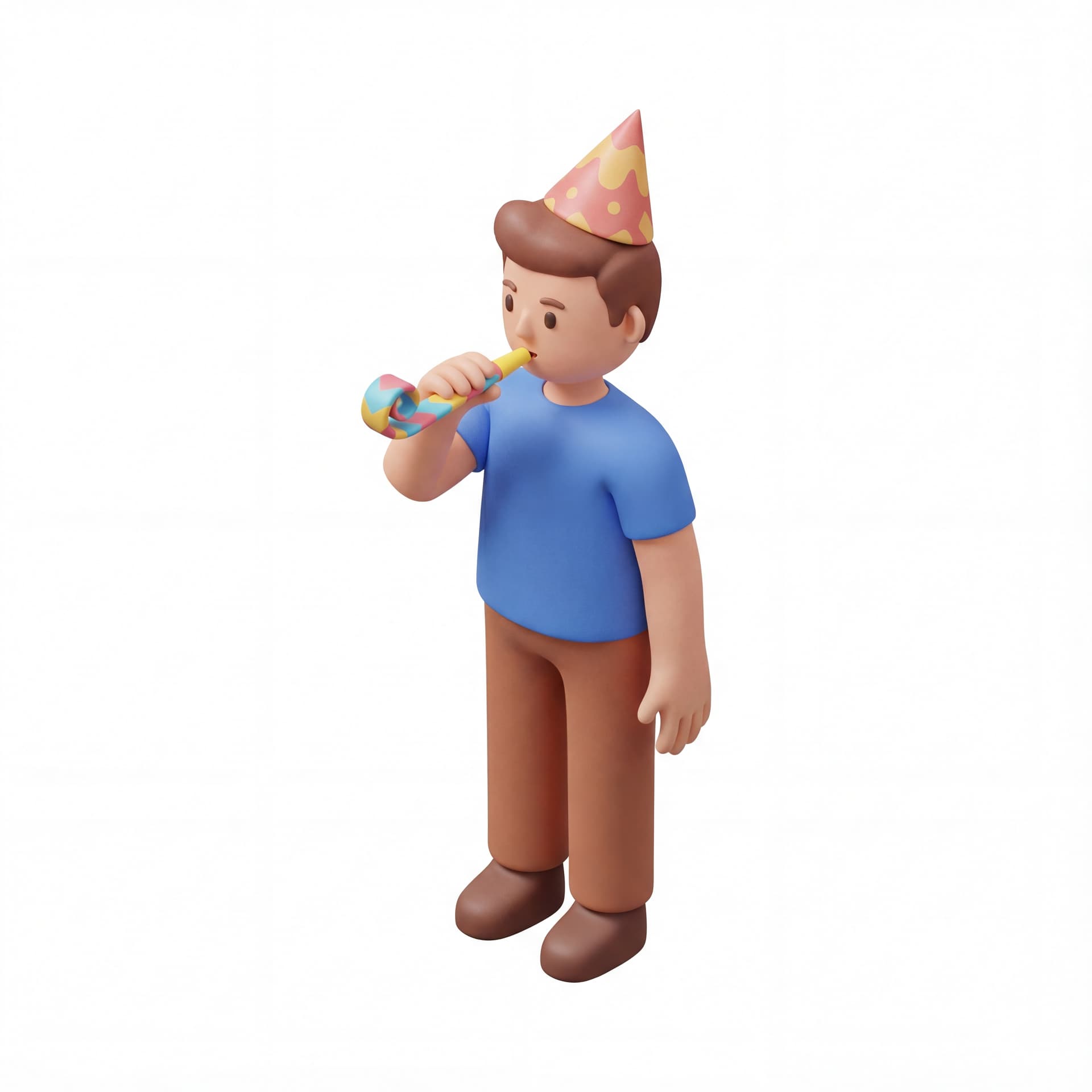 Person wearing party hat blowing horn  style 3D Icon clay minimal