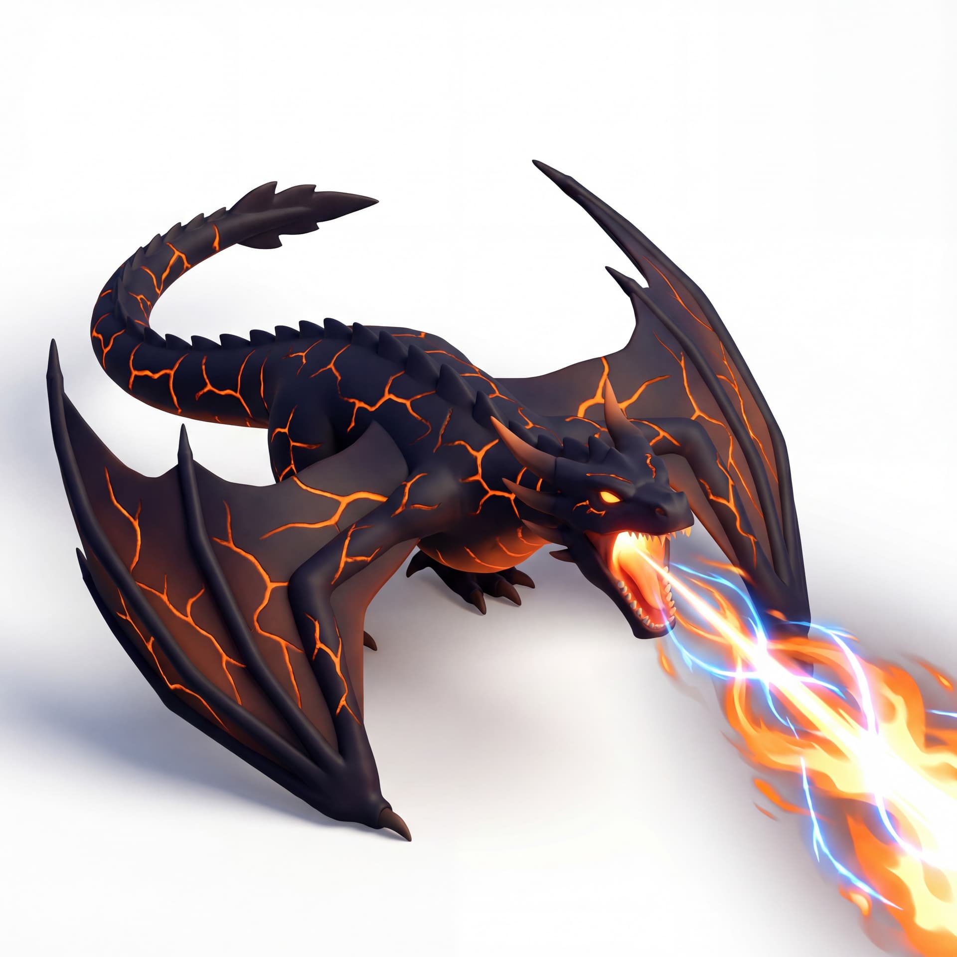 An isometric dragon with obsidian-black scales cracked with molten orange veins roaring forward as a concentrated beam mixing flame, blue lightning arcs, and white-hot laser light erupts from its mouth.
